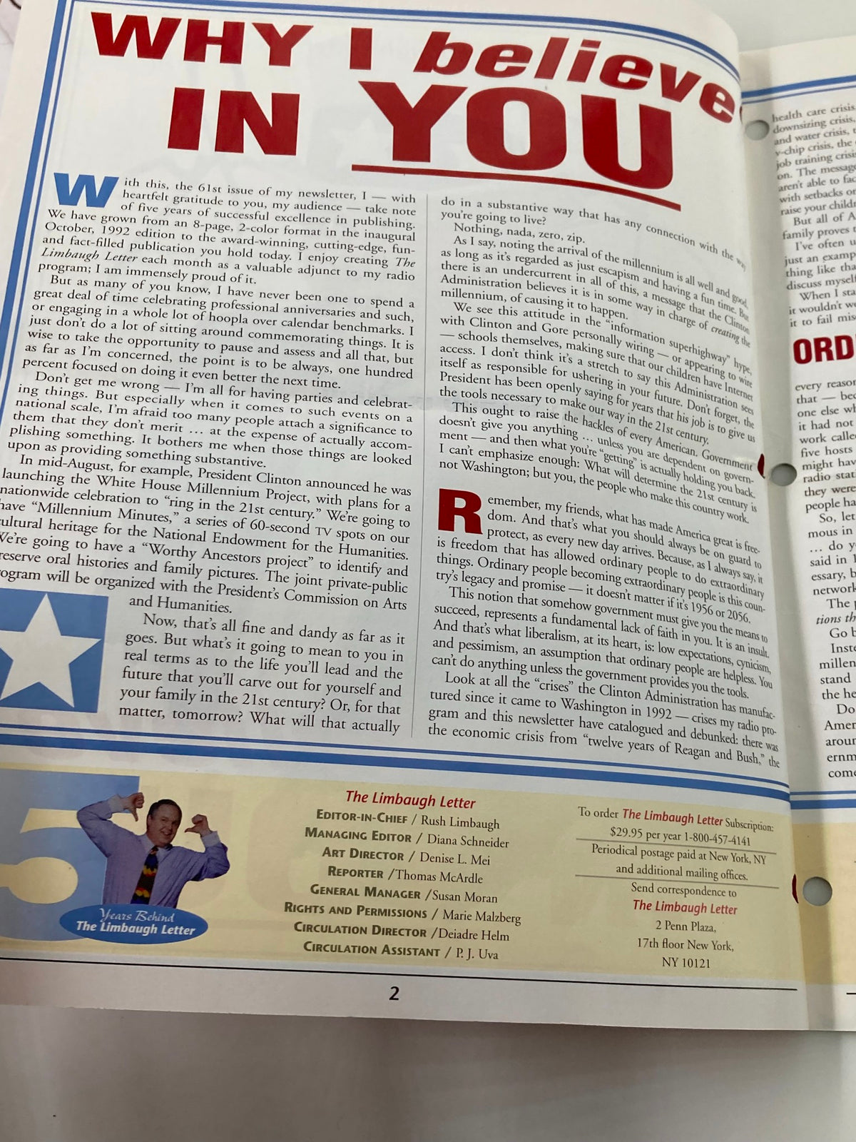 Interior page of the Rush Limbaugh Letter Newsletter Magazine from October 1997, featuring the beginning of the article titled 'Why I Believe You', showcasing Limbaugh's insightful commentary and engaging writing style.
