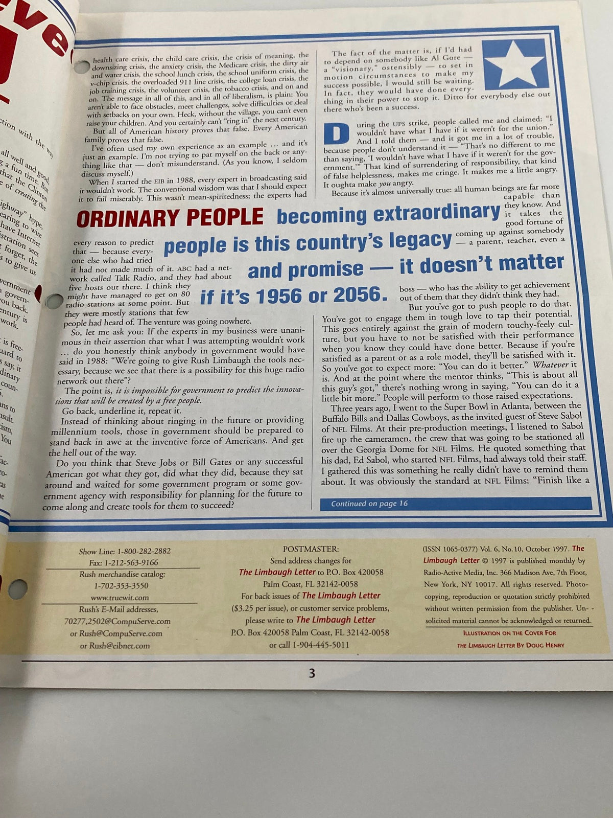 Interior page of the Rush Limbaugh Letter Newsletter Magazine from October 1997, titled 'Why I Believe You.' This page showcases political commentary and insights, discussing the legacy of ordinary people and the importance of proactive engagement in society. The text features bold headings, dynamic formatting, and discusses themes relevant to the era and Limbaugh's conservative viewpoints.