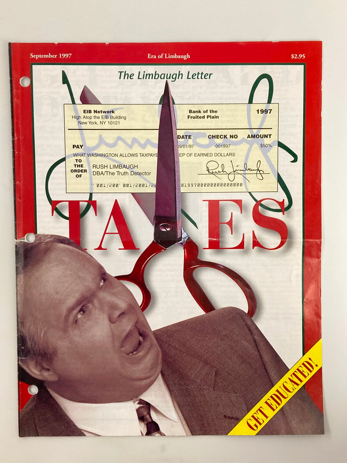 Cover of the Rush Limbaugh Letter Newsletter Magazine from September 1997, featuring a bold headline on taxes, a vintage check, and an image of Rush Limbaugh expressing a strong emotion.