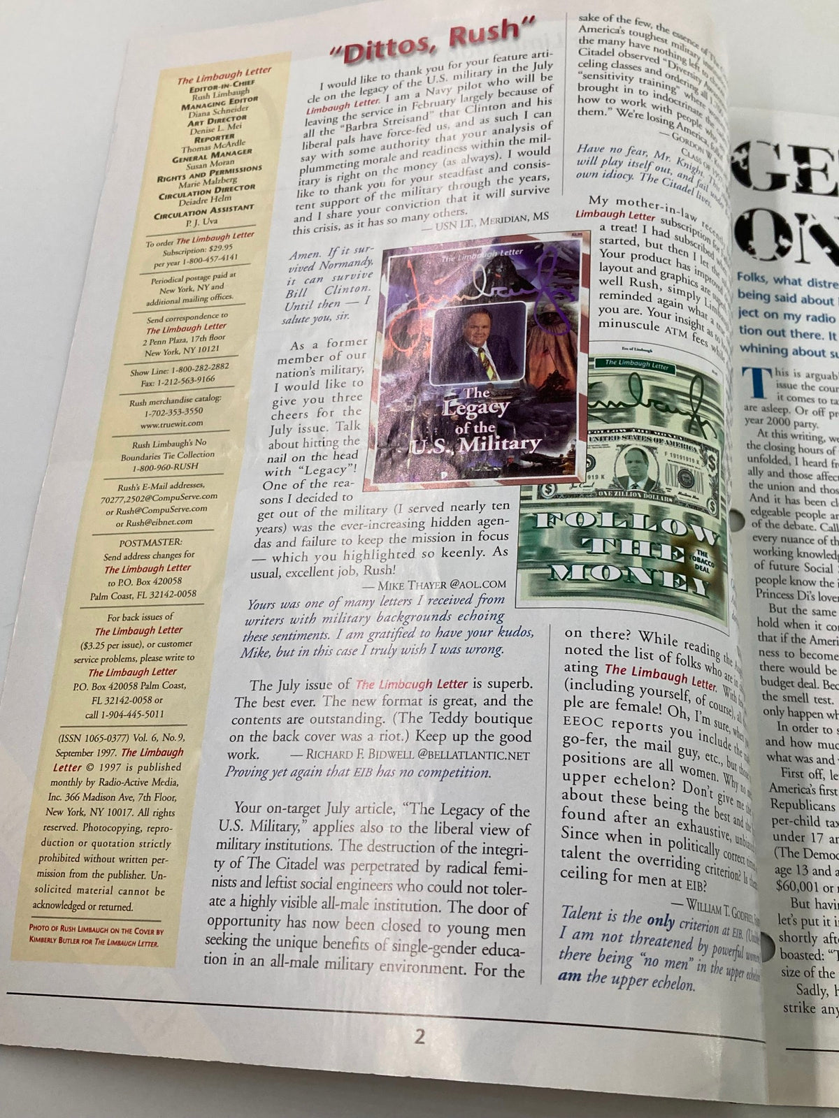 Interior page of the Rush Limbaugh Letter Newsletter Magazine from September 1997, showcasing an article titled 'Dittos, Rush' alongside financial imagery and commentary related to military legacy and social issues.