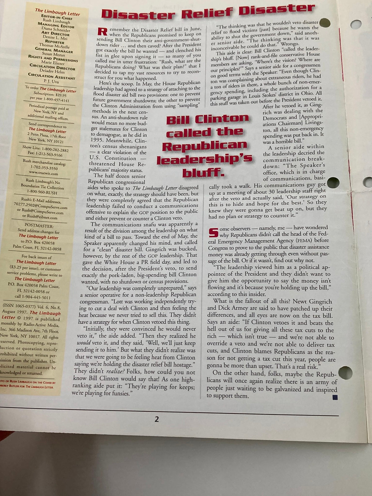 Interior page of the Rush Limbaugh Letter Newsletter Magazine from August 1997, discussing political commentary on disaster relief and Bill Clinton's leadership, essential for understanding the context of the Tobacco Deal.