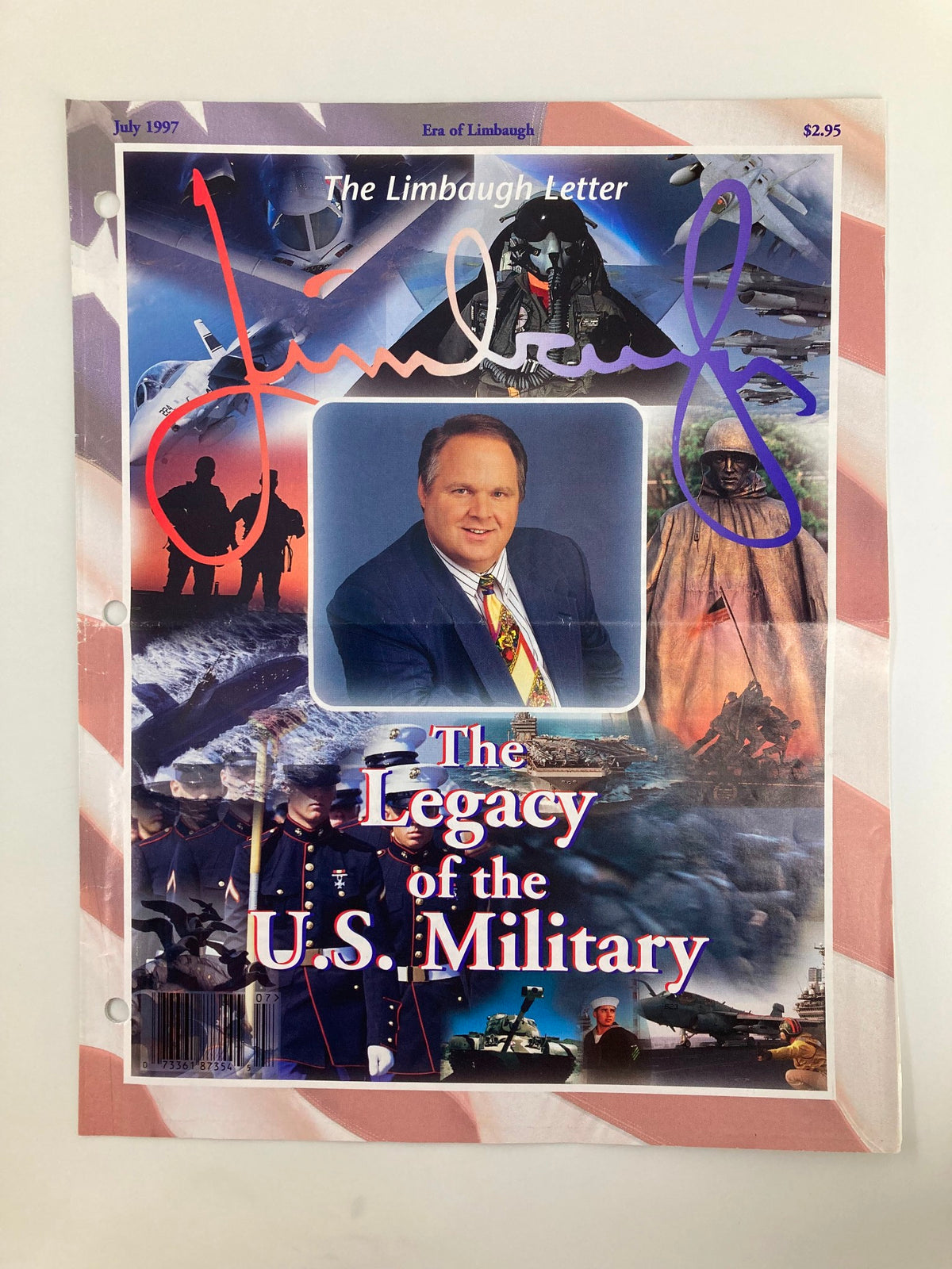 Cover of the Rush Limbaugh Letter Newsletter Magazine from July 1997 featuring the theme 'The Legacy of the U.S. Military' with a collage of military imagery and a photo of Rush Limbaugh.