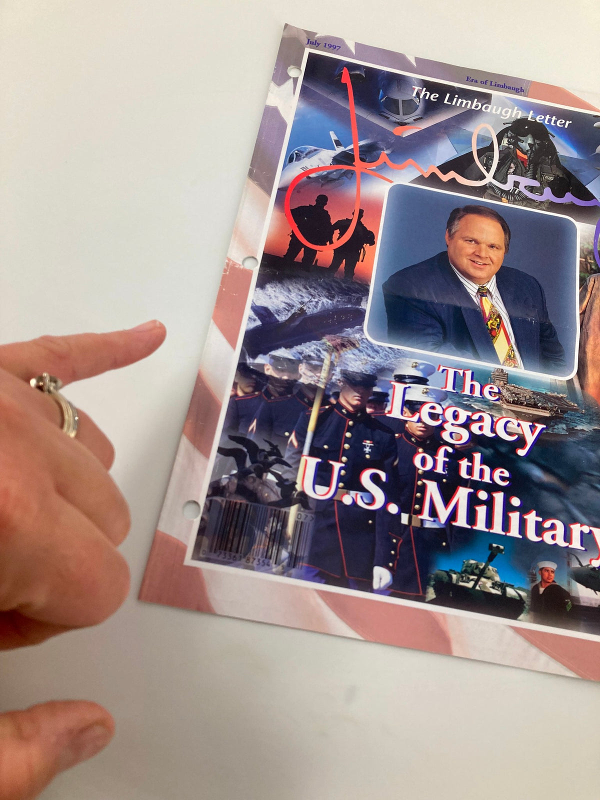 Close-up of the Rush Limbaugh Letter Newsletter Magazine from July 1997, highlighting its cover that states 'The Legacy of the U.S. Military' and featuring an image of Rush Limbaugh.