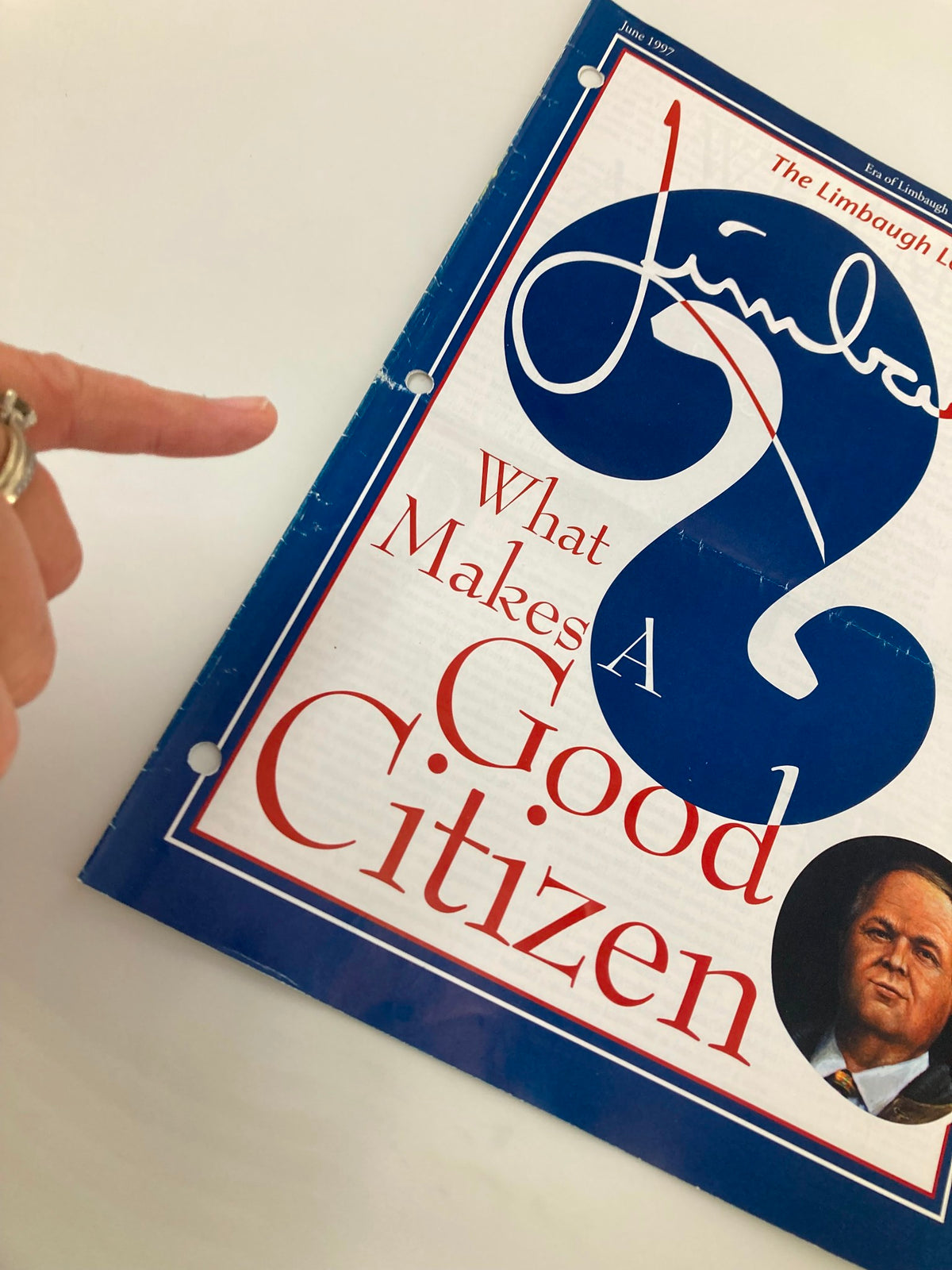 Close-up of Rush Limbaugh Letter Newsletter Magazine June 1997 showing the title 'What Makes A Good Citizen' with a pointing hand indicating the top of the magazine.