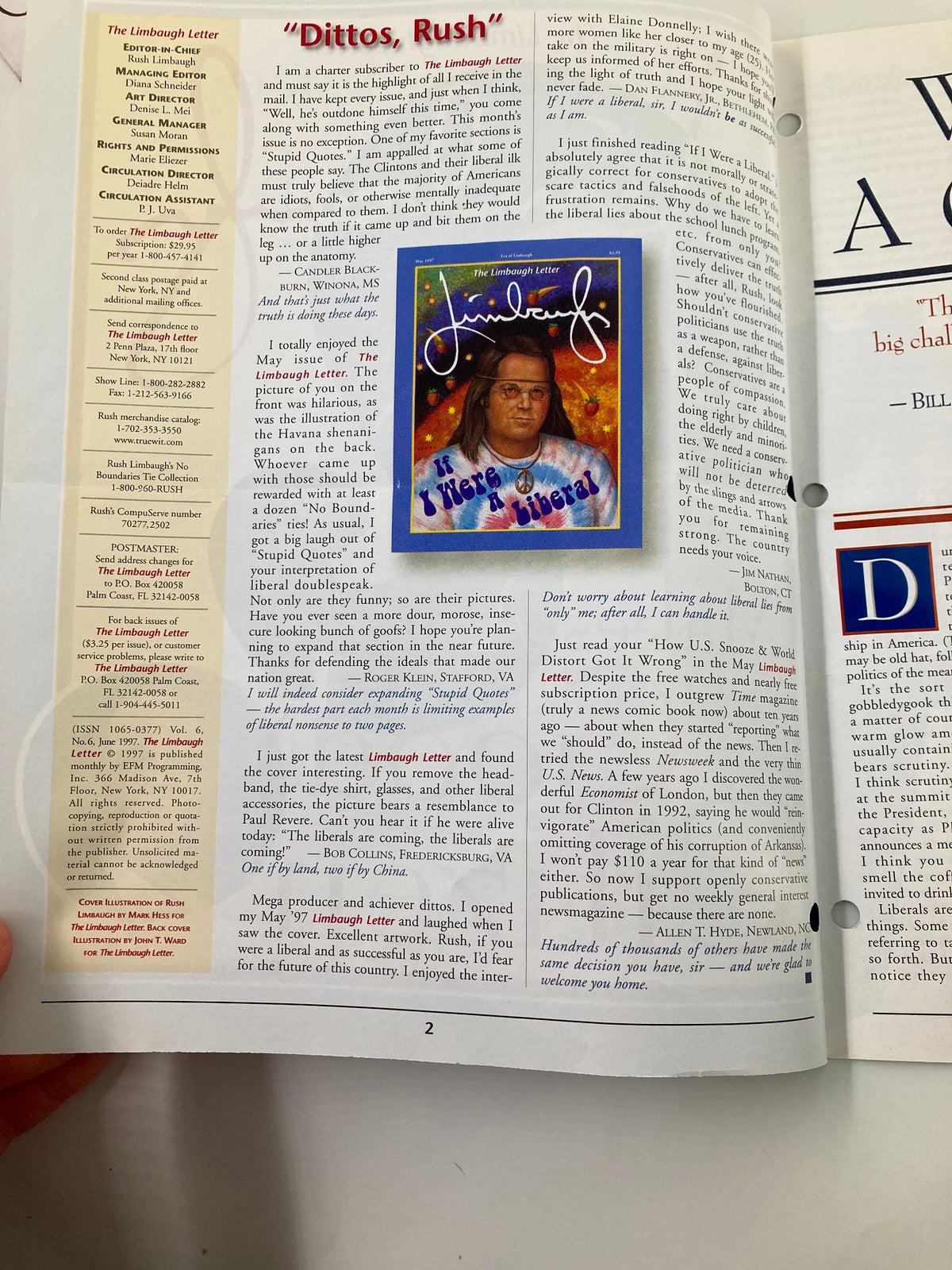 Inside page of Rush Limbaugh Letter Newsletter Magazine June 1997 displaying an article titled 'Dittos, Rush' along with a colorful illustration of Rush Limbaugh.