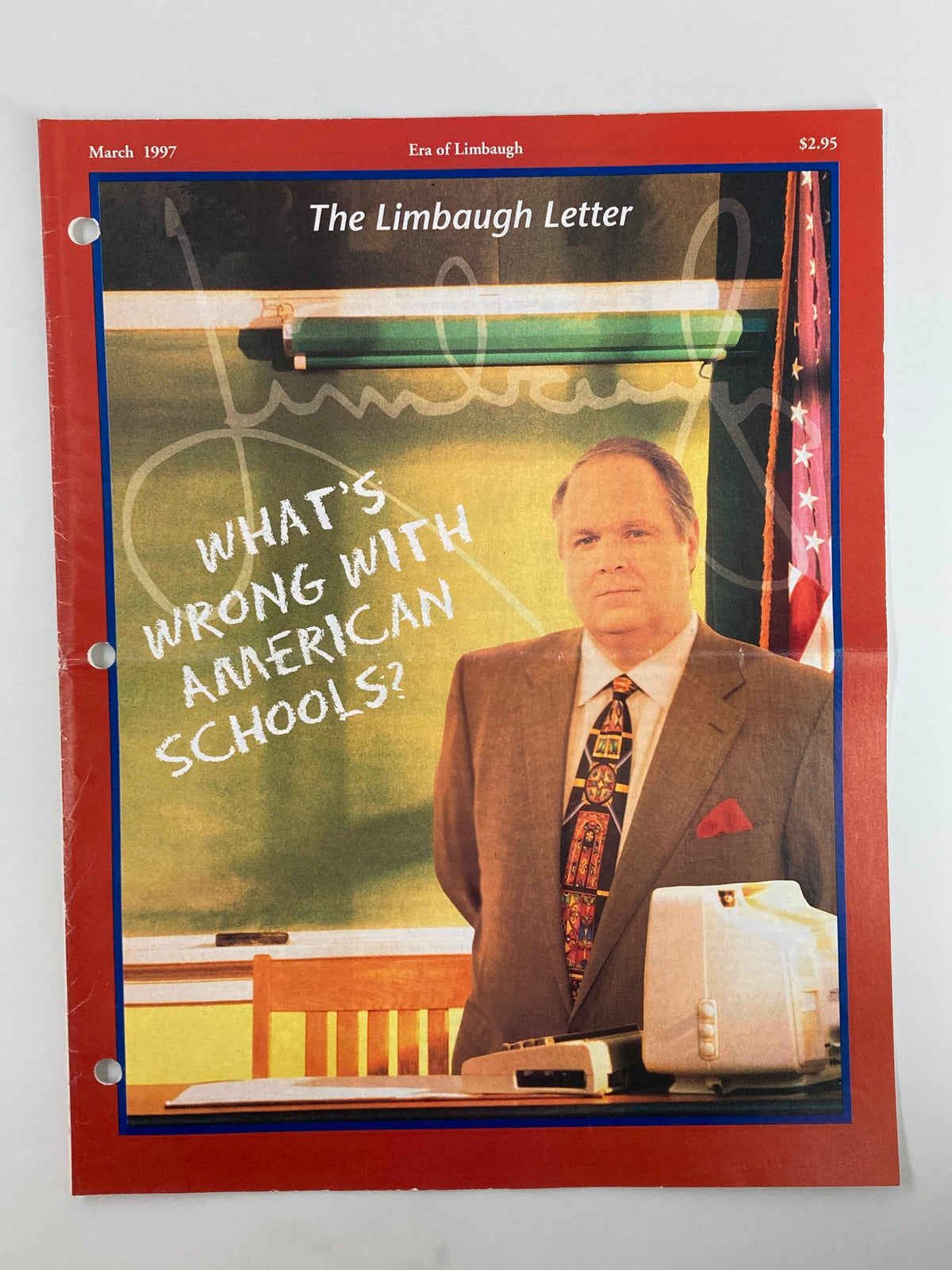 Rush Limbaugh Letter Newsletter March 1997 Cover featuring the question 'What's Wrong with American Schools?' with an image of Rush Limbaugh standing in front of a classroom setting.