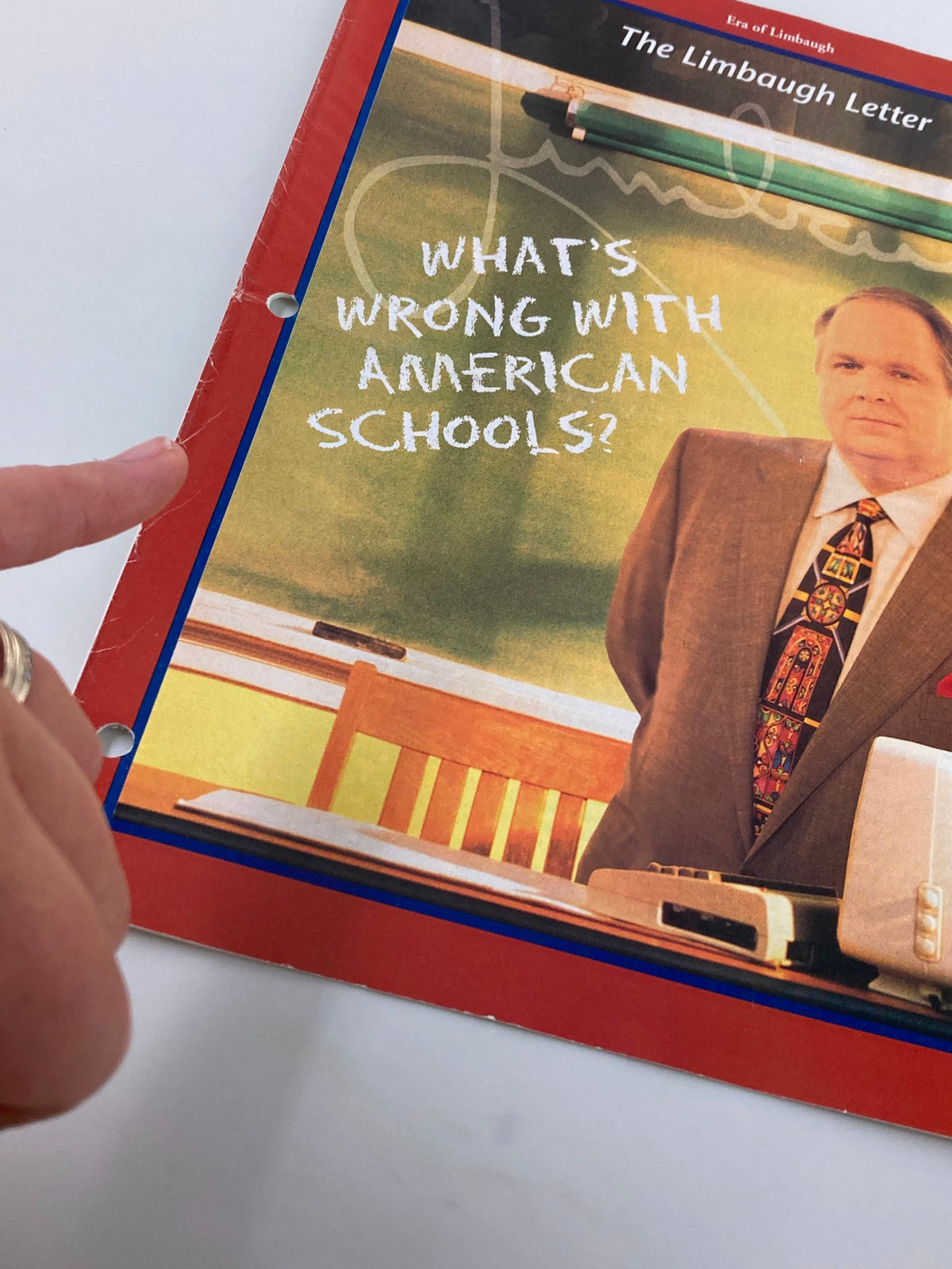 Close-up of the Rush Limbaugh Letter Newsletter March 1997 Cover highlighting the phrase 'What's Wrong with American Schools?' with an image of Rush Limbaugh.