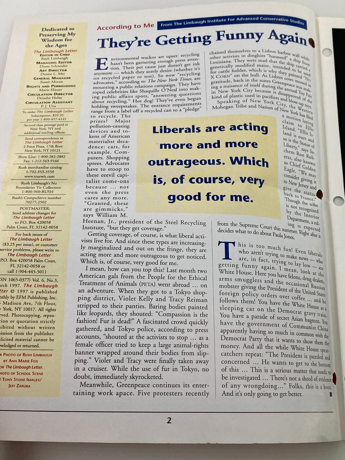 Inside page of the Rush Limbaugh Letter Newsletter March 1997 featuring commentary on educational issues and a vintage layout.