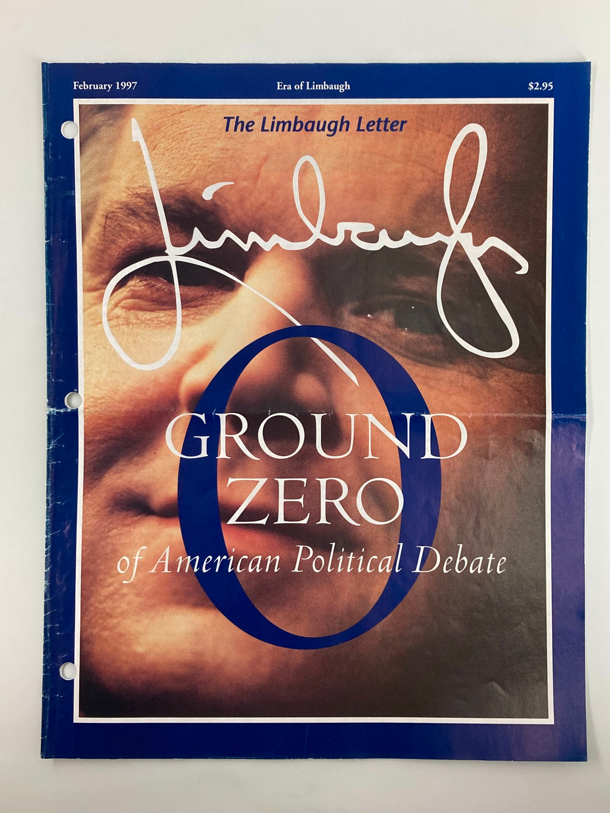 Cover of Rush Limbaugh Letter Newsletter Magazine from February 1997, featuring the title 'Ground Zero of American Political Debate' with an image of Limbaugh's signature and a close-up of his face.
