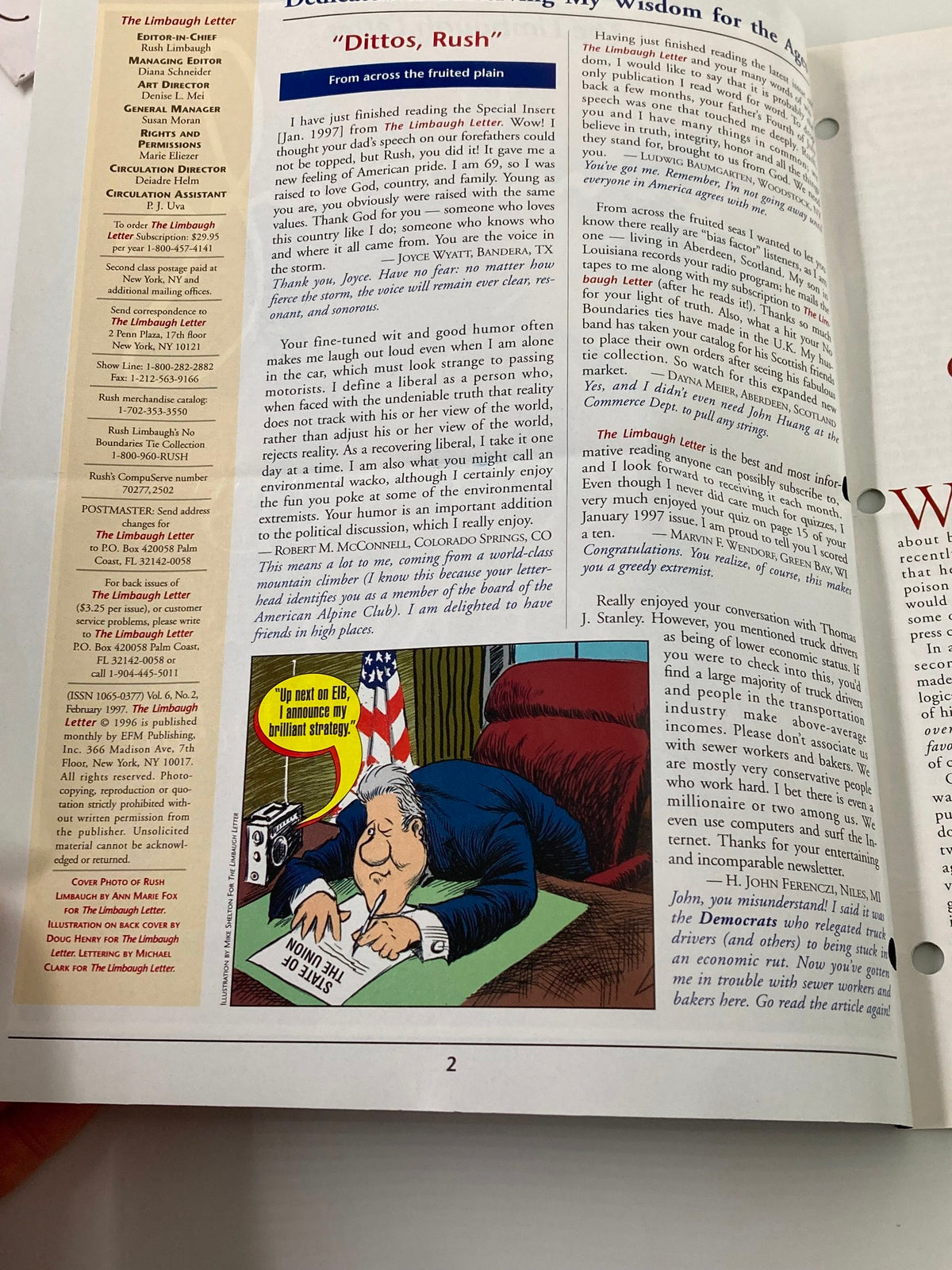 Interior page of the Rush Limbaugh Letter Magazine from February 1997, featuring an editorial section titled 'Dittos, Rush' that showcases original content along with a cartoon illustration.