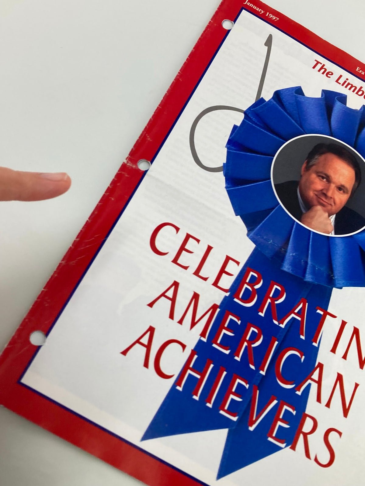 Cover of Rush Limbaugh Letter Newsletter Magazine from January 1997, titled 'The American Achiever'. Features a blue ribbon and a photo of Rush Limbaugh, highlighting American achievers in a vintage magazine format.