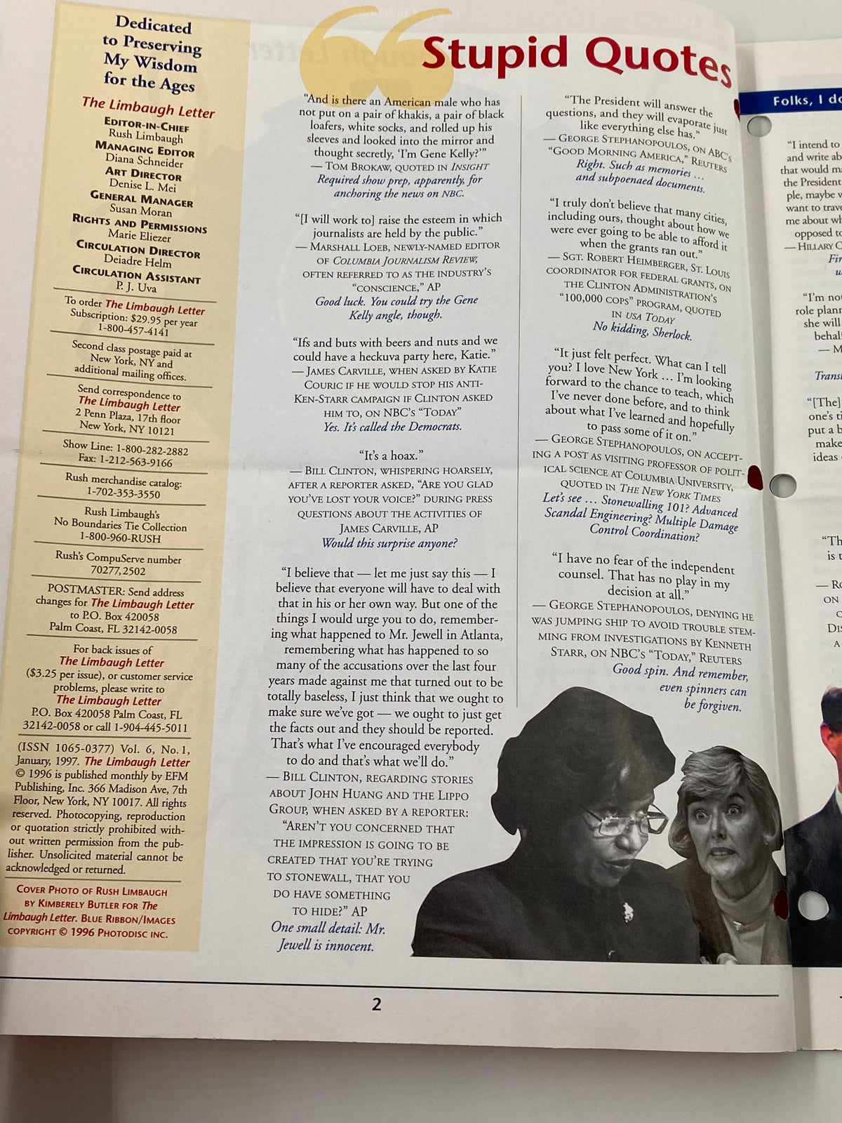 Interior page of Rush Limbaugh Letter Newsletter Magazine from January 1997, titled 'The American Achiever'. Displays sections on quotes and commentary with a vintage design, showcasing political insights of the 1990s.