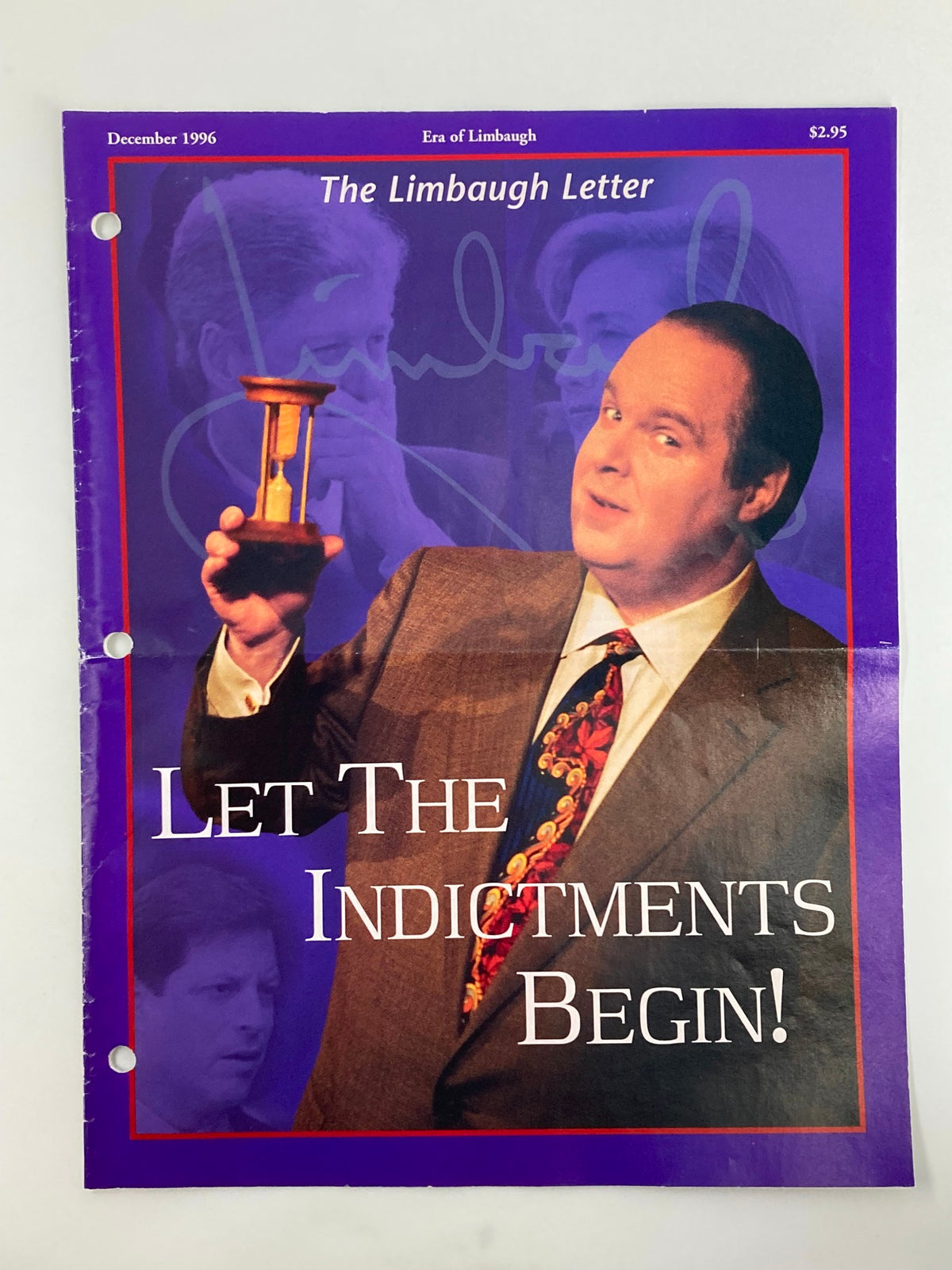 Rush Limbaugh Letter Newsletter Magazine December 1996 titled 'Let The Indictment Begin', featuring a colorful cover with an hourglass and images of Bill Clinton and other figures, a collectible piece of political history.