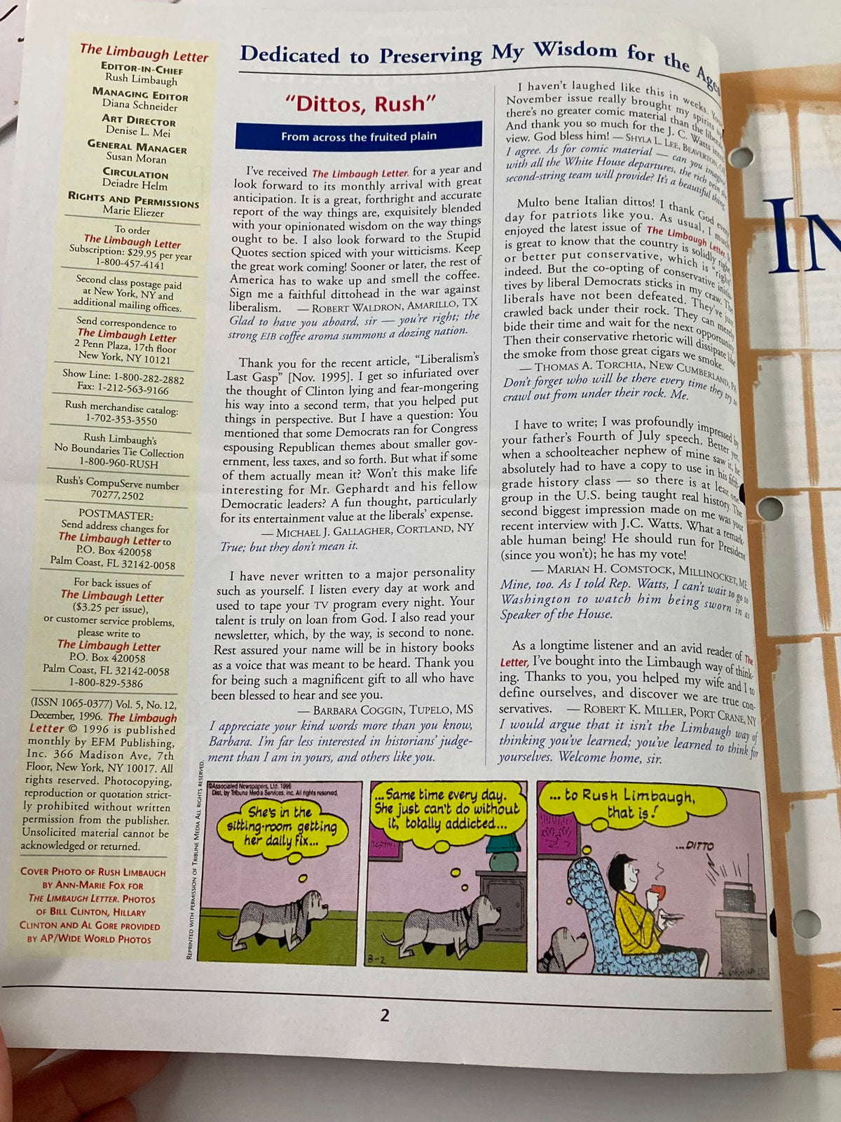 Inside page of the Rush Limbaugh Letter Newsletter Magazine December 1996 displaying a cartoon and letters dedicated to preserving Rush Limbaugh's wisdom.