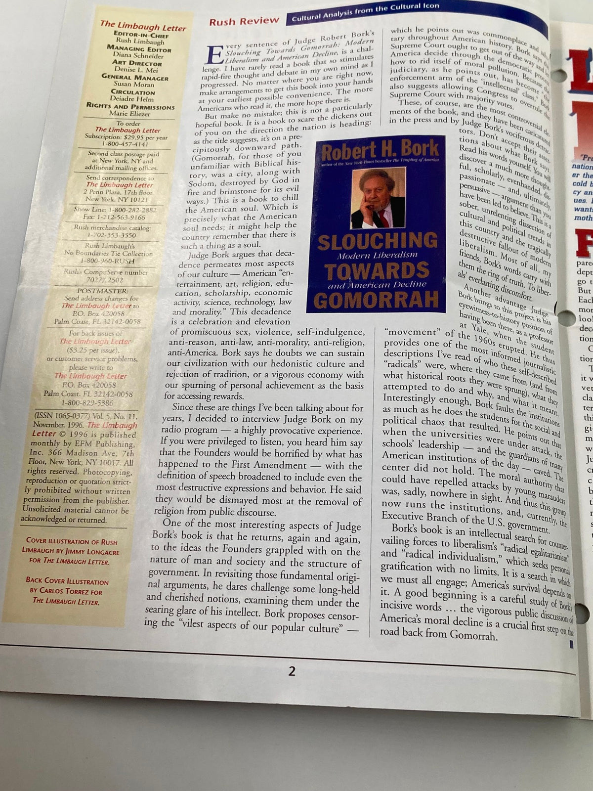 Interior page of the Rush Limbaugh Letter Newsletter Magazine - November 1996 displaying a cultural analysis article with text and a highlighted book cover for 'Slouching Towards Gomorrah'.