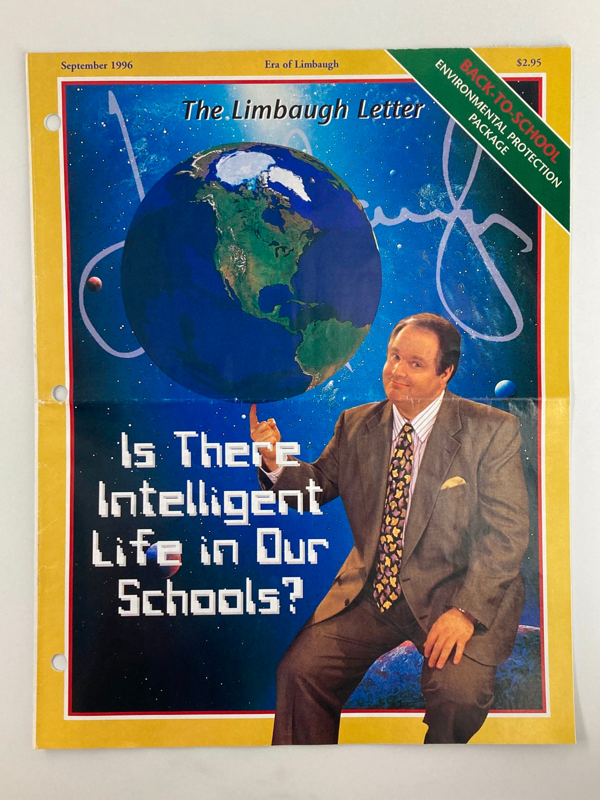 Cover of the Rush Limbaugh Letter Newsletter Magazine from September 1996, titled 'Is There Intelligent Life in Our Schools?' featuring a depiction of Earth and a man in a suit.