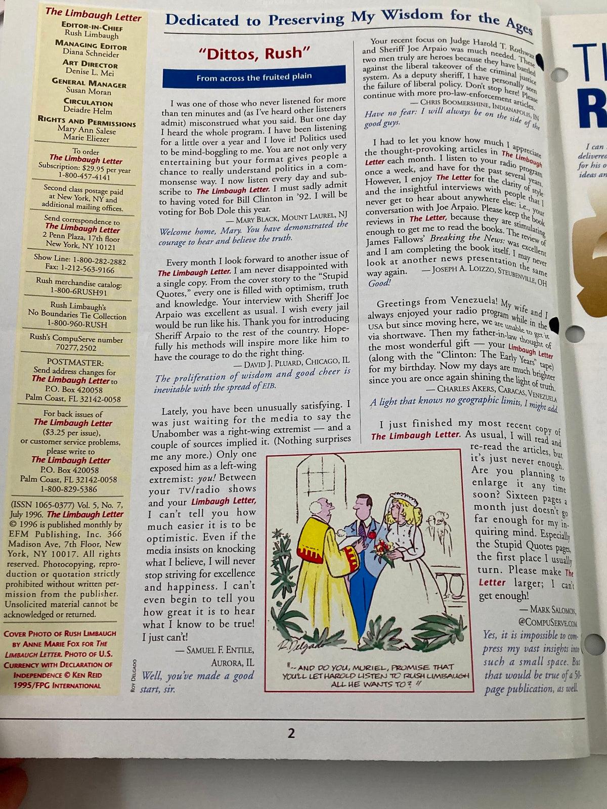 Interior page of the Rush Limbaugh Letter Newsletter Magazine from July 1996, containing a column titled 'Ditto, Rush' and various reader comments discussing the influence of Limbaugh's commentary. This page emphasizes the magazine's role in American political discourse.
