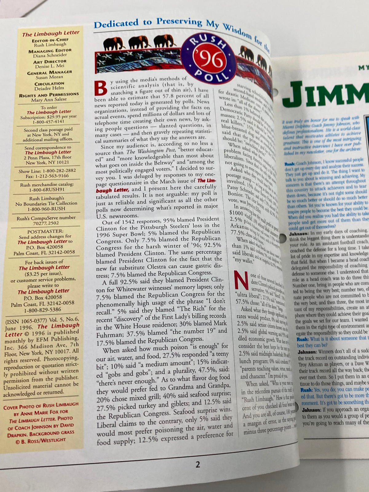 Inside page of the Rush Limbaugh Letter Magazine, June 1996, showcasing article content including a Rush Poll and editorial commentary, reflecting on political events of the time.