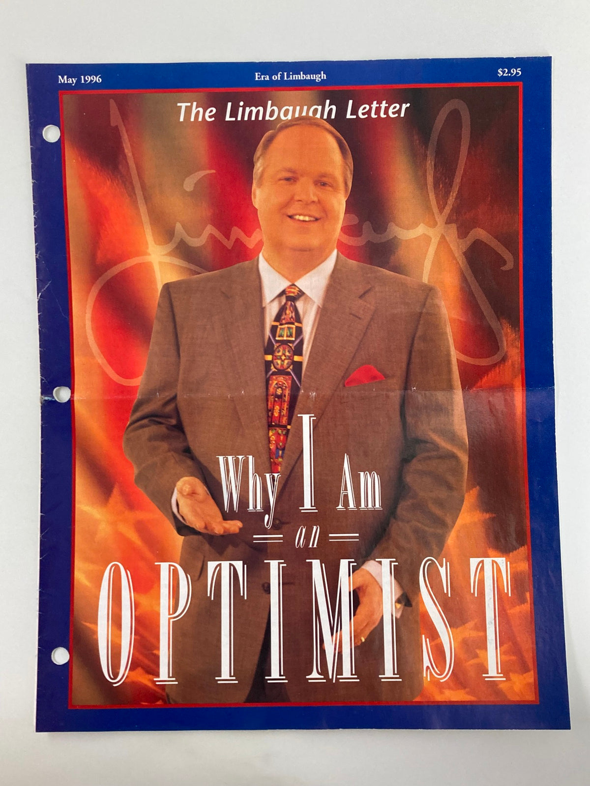 Cover of the Rush Limbaugh Letter Newsletter Magazine May 1996 featuring the headline 'Why I Am an Optimist' with Rush Limbaugh posing in a suit.