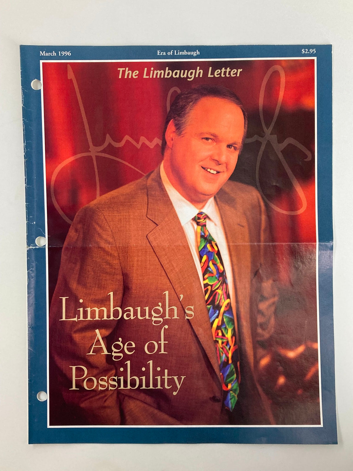 Cover of the Rush Limbaugh Letter Newsletter Magazine March 1996 featuring the theme 'Rush's Age of Possibility' with a smiling Rush Limbaugh in a suit against a warm colored background.
