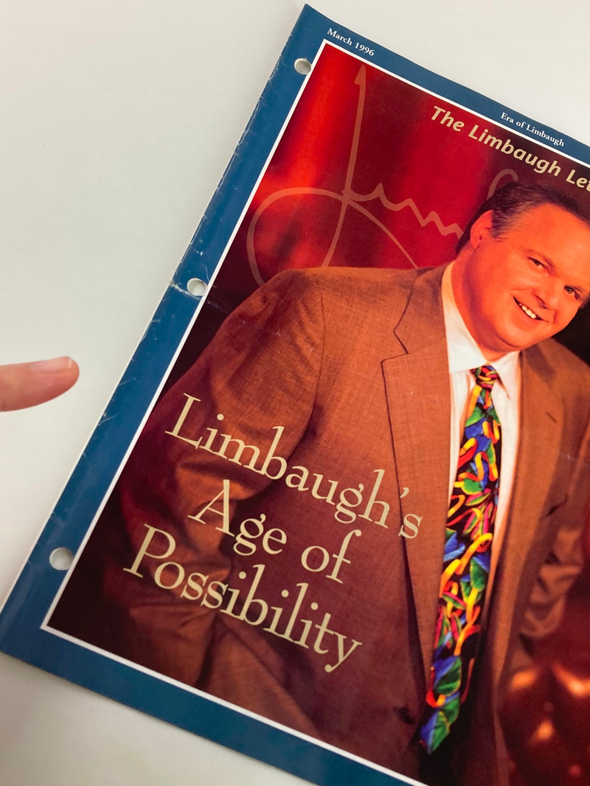 Close-up of the Rush Limbaugh Letter Newsletter Magazine March 1996 cover showing 'Rush's Age of Possibility' with colorful details and Rush Limbaugh's image.
