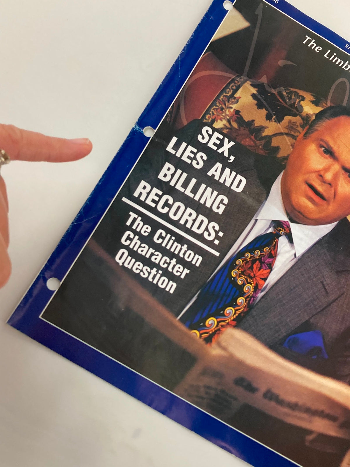 Close-up of the Rush Limbaugh Letter Newsletter Magazine February 1996 cover that reads 'Sex, Lies and Billing Records: The Clinton Character Question', highlighting Rush Limbaugh's facial expression and details of the magazine.