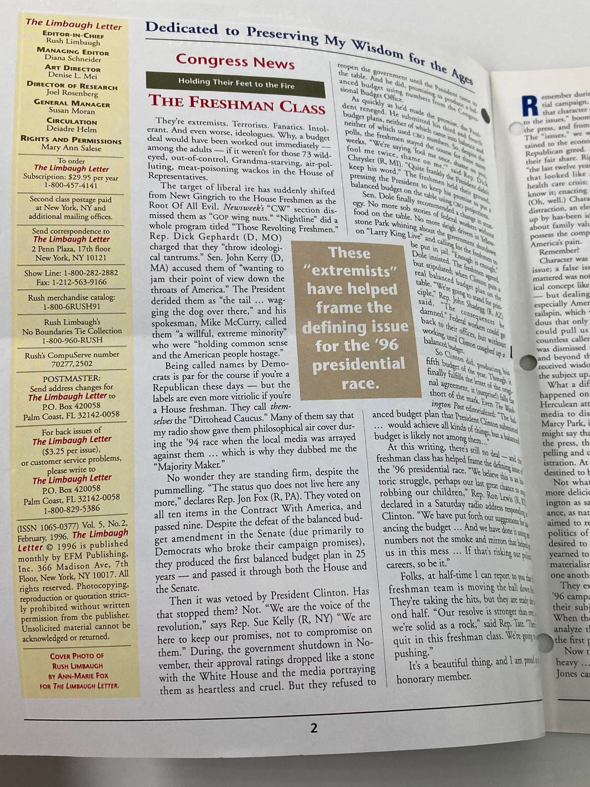 Interior page of the Rush Limbaugh Letter Newsletter Magazine February 1996, featuring content discussing political commentary and the 1996 presidential race, showcasing the magazine's layout and style.
