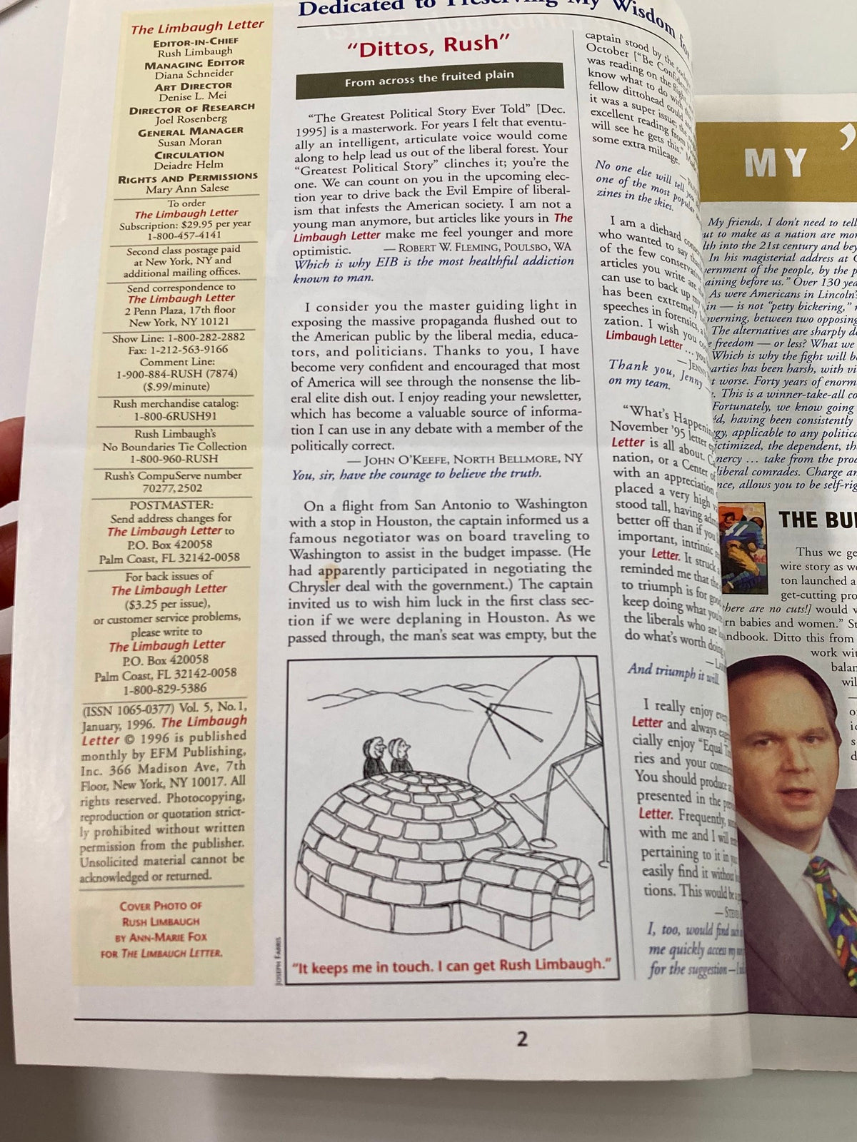 Interior page of the Rush Limbaugh Letter Newsletter Magazine from January 1996, featuring the section titled 'Dittos, Rush' with political commentary and a cartoon.
