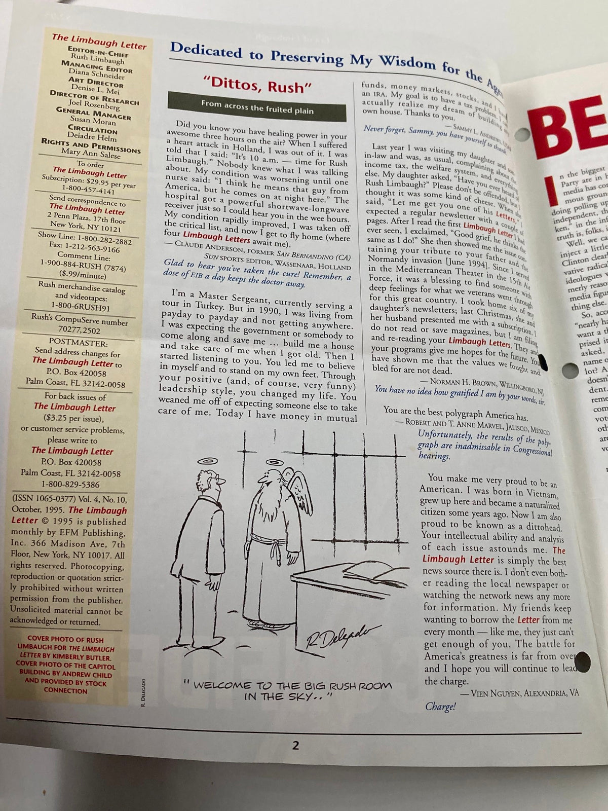 Interior page of Rush Limbaugh Letter Newsletter Magazine, October 1995 - Preserving Wisdom, showing a cartoon and a letter dedicated to readers, reflecting on political insights and humor.