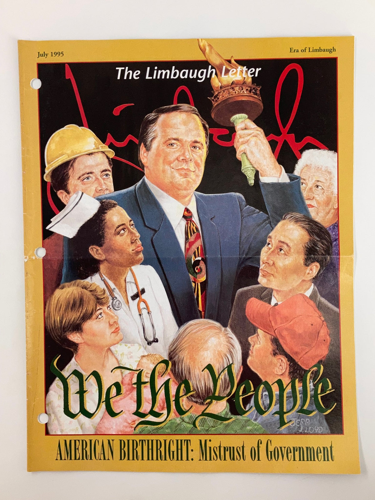 Rush Limbaugh Letter Newsletter Magazine from July 1995, themed 'Mistrust of Government,' featuring illustrated diverse group of people engaged in discussion and a prominent figure holding the Statue of Liberty torch.