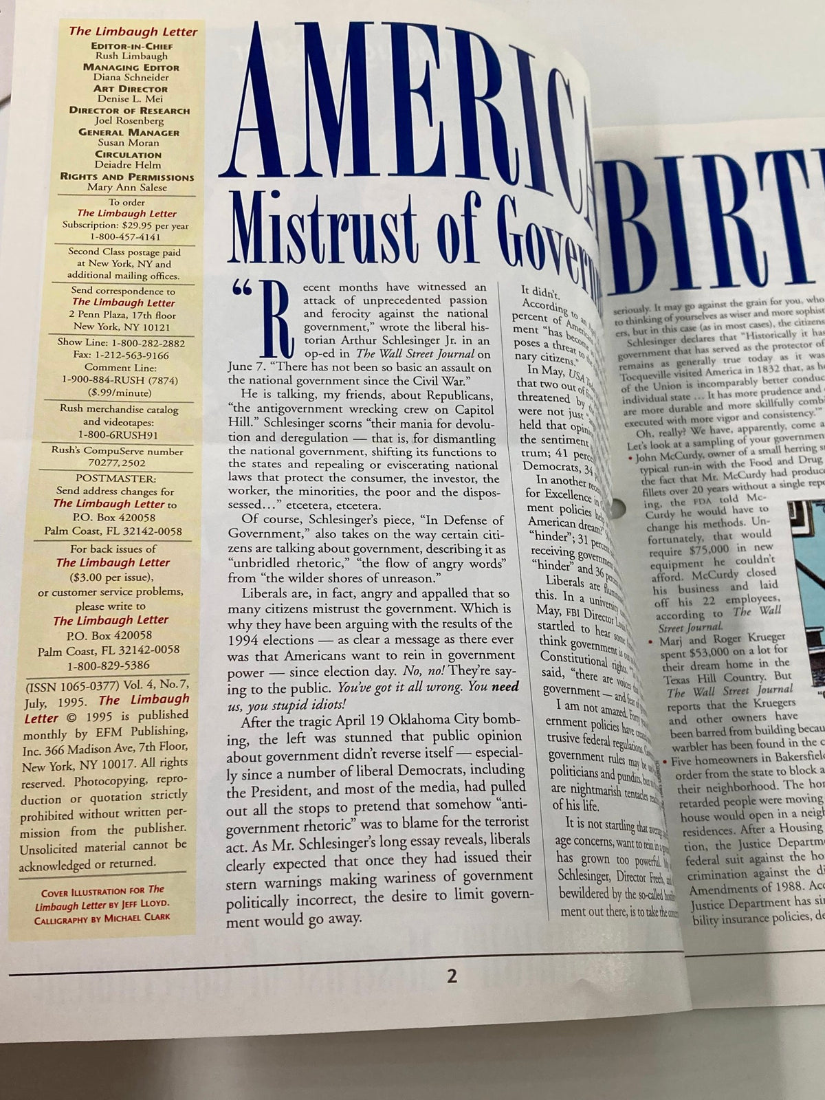 Interior page of the Rush Limbaugh Letter Newsletter Magazine July 1995 showcasing the article 'American Birthright: Mistrust of Government', with text examining public opinion of the government in the 1990s.