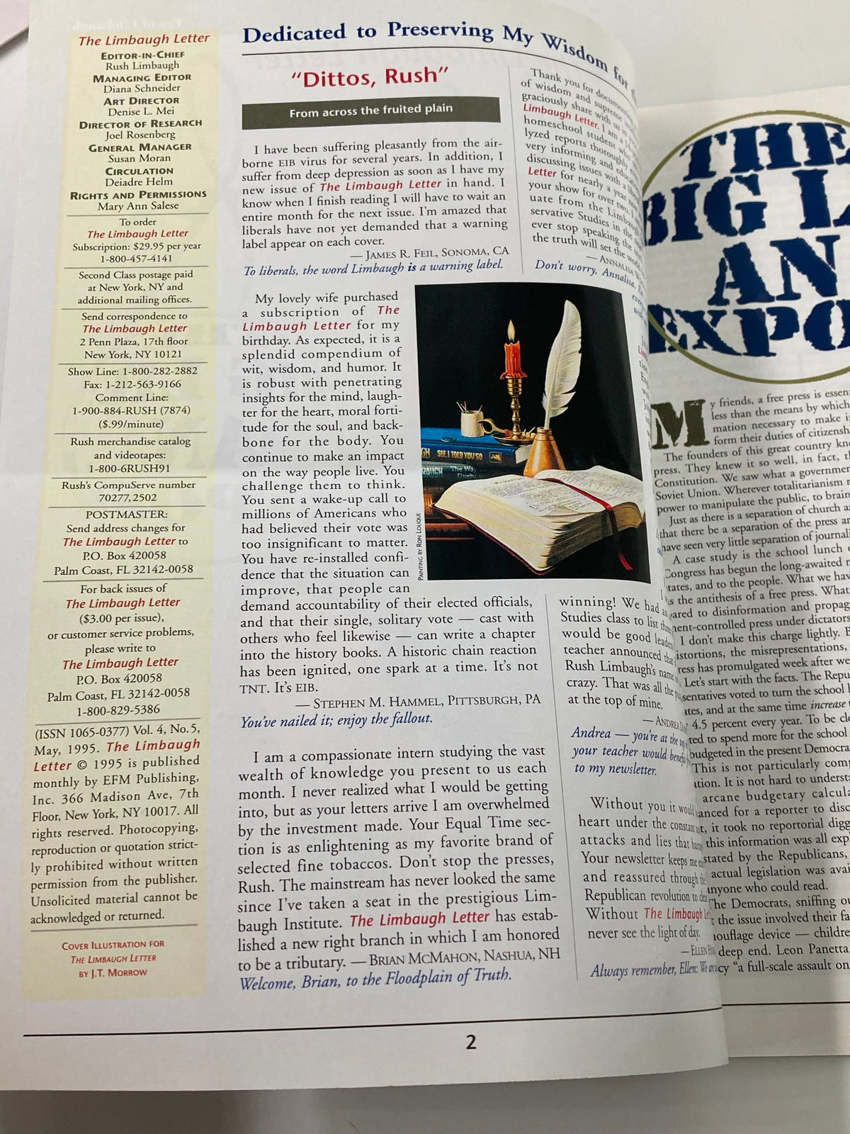 Interior page of the Rush Limbaugh Letter Newsletter Magazine from May 1995, featuring the title 'The Big Lie: An Expose' with handwritten notes 'Dittos, Rush' and a description of subscriber information along with a decorative image of a quill, candle, and an open book, showcasing political commentary and fan letters relevant to Rush Limbaugh's insights.