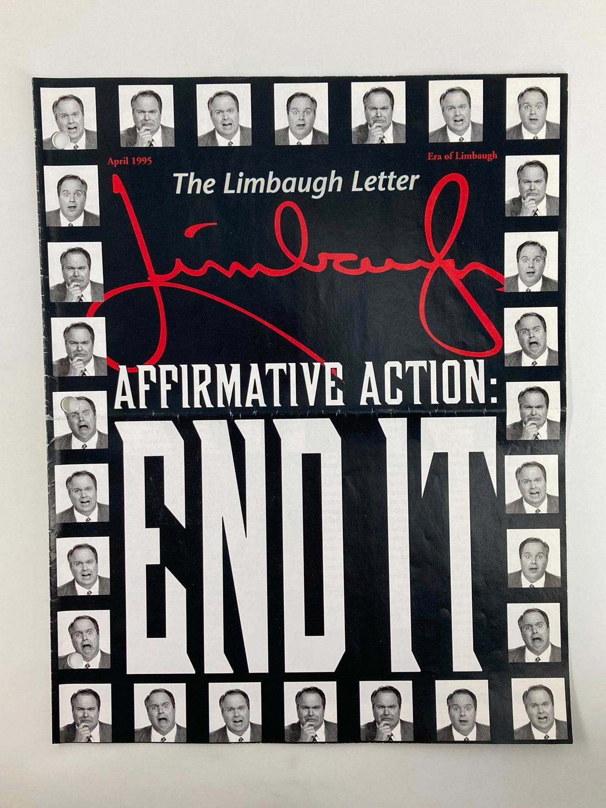 Cover of the Rush Limbaugh Letter Newsletter Magazine from April 1995 featuring the headline 'Affirmative Action: End It'. The cover displays various expressions of Rush Limbaugh along with his signature.