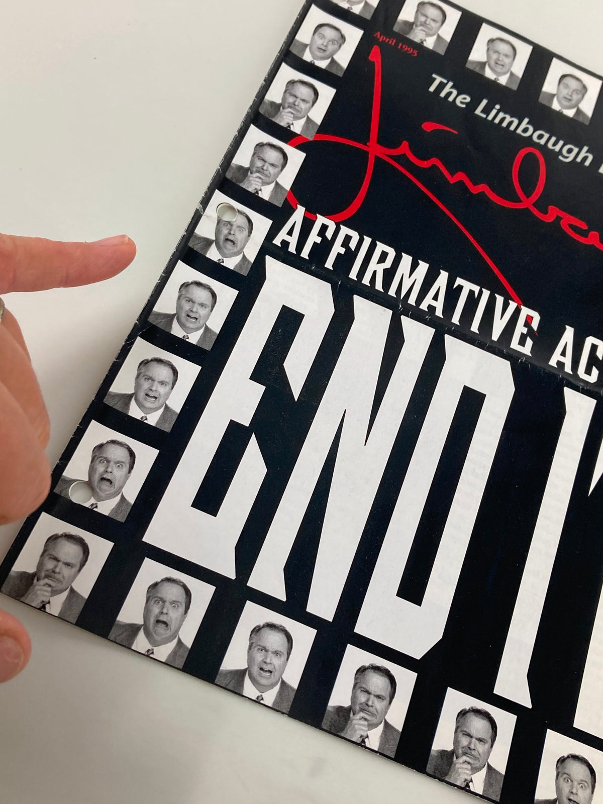 A close-up view of the cover of the Rush Limbaugh Letter Newsletter Magazine from April 1995. The image highlights the bold text 'Affirmative Action: End It' alongside Rush Limbaugh's expressions.