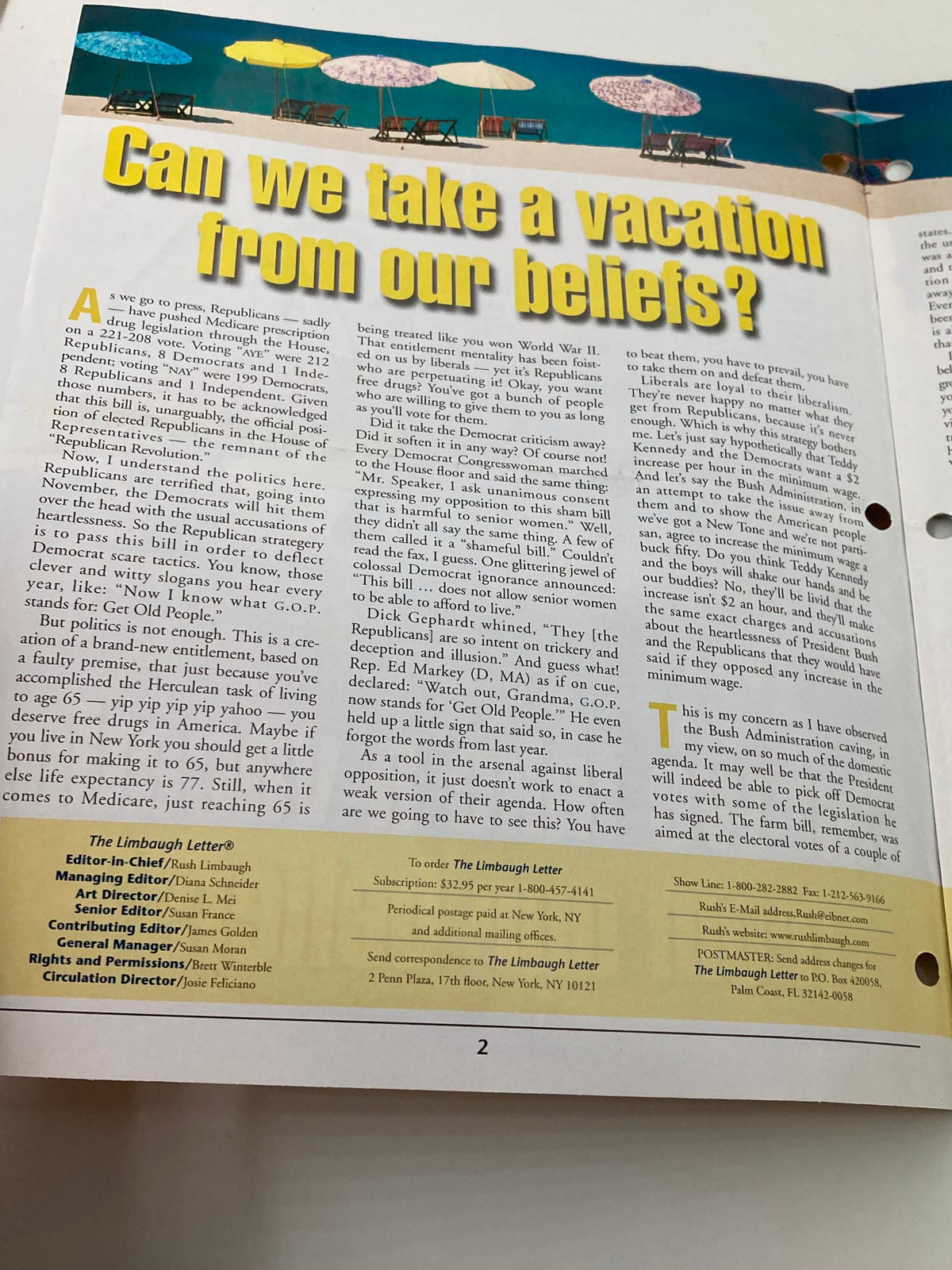 Interior page of the Rush Limbaugh Letters Newsletter Magazine from July 2002 titled 'Can We Take A Vacation?', discussing American beliefs with colorful beach umbrellas in the background.