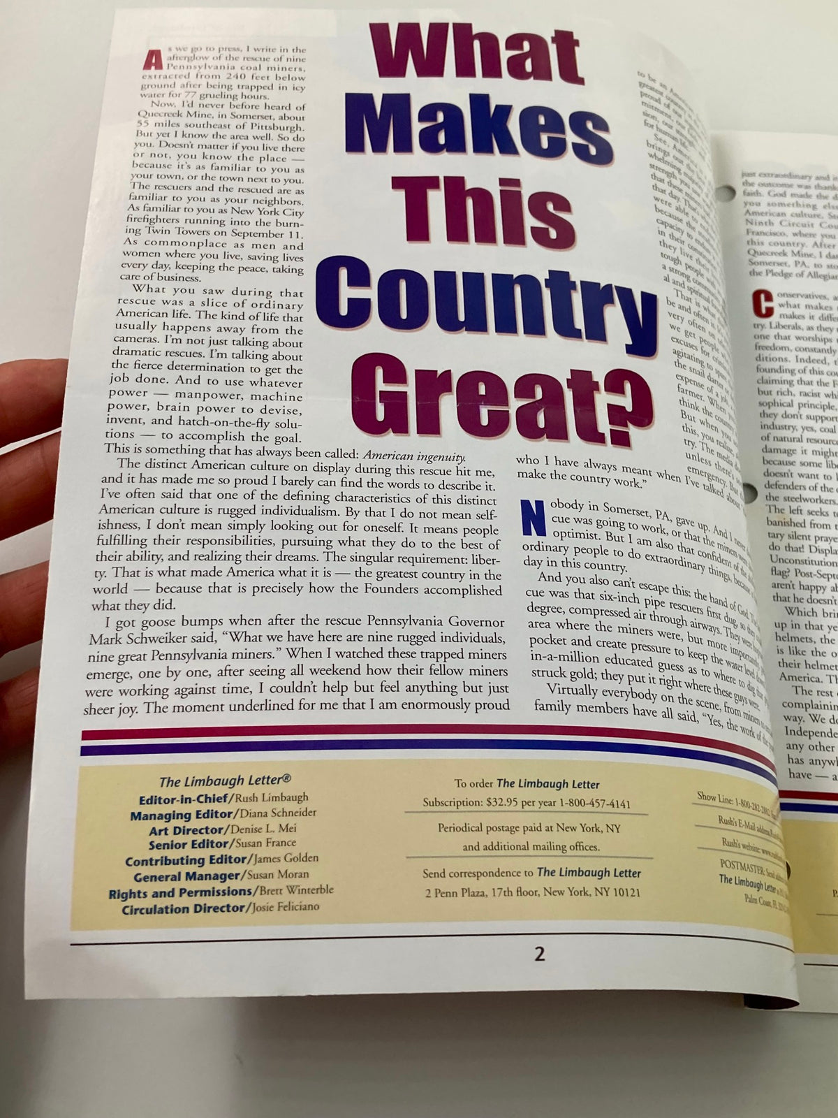 Inside page of the Rush Limbaugh Letter Newsletter Magazine August 2002 displaying the continuing discussion of the theme 'What Makes This Country Great?' with engaging content reflective of early 2000s American conservatism.