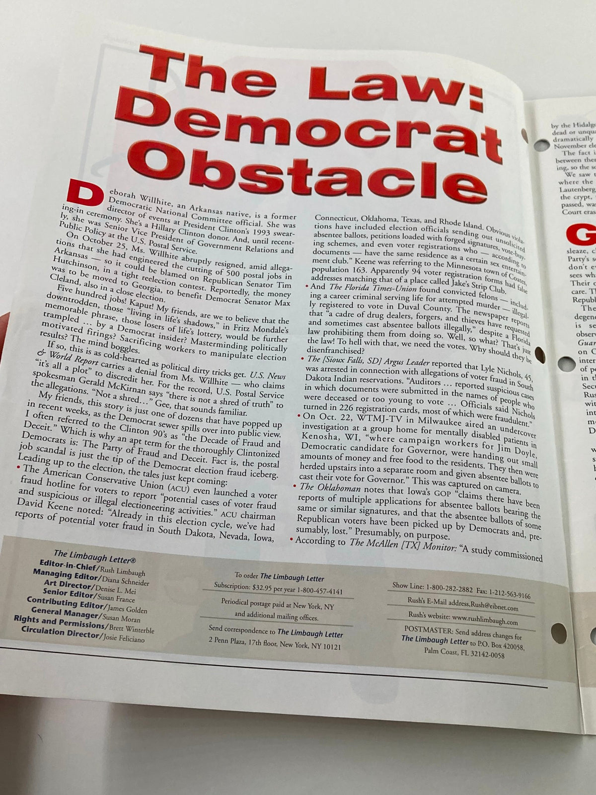 Inside page of the Rush Limbaugh Letter Newsletter Magazine November 2002 featuring the headline 'The Law: Democrat Obstacle' with additional text discussing legal challenges.