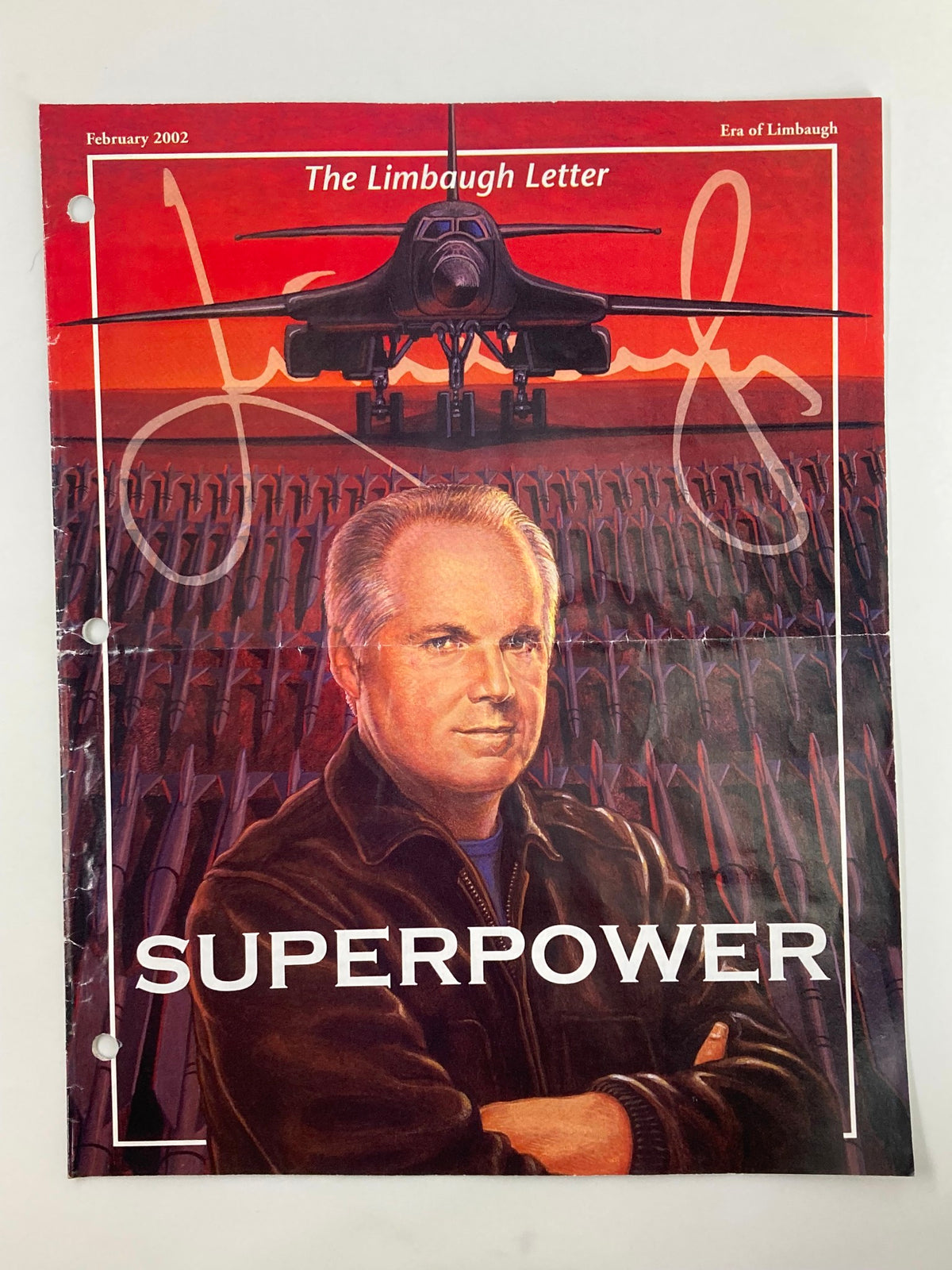 February 2002 Rush Limbaugh Letter Magazine cover featuring Rush Limbaugh and the title 'SUPERPOWER' against a backdrop of a military aircraft.