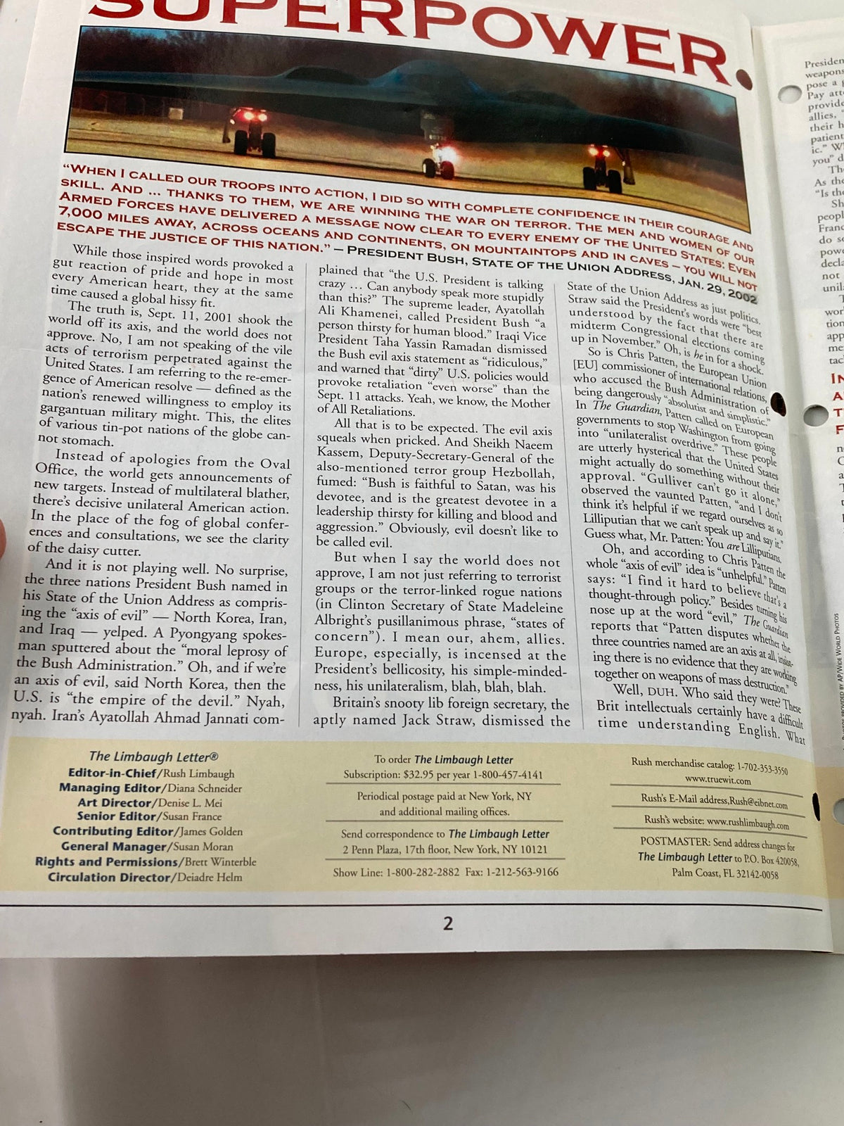 Interior page of the February 2002 Rush Limbaugh Letter Magazine discussing political themes, featuring text and images related to the term 'SUPERPOWER'.