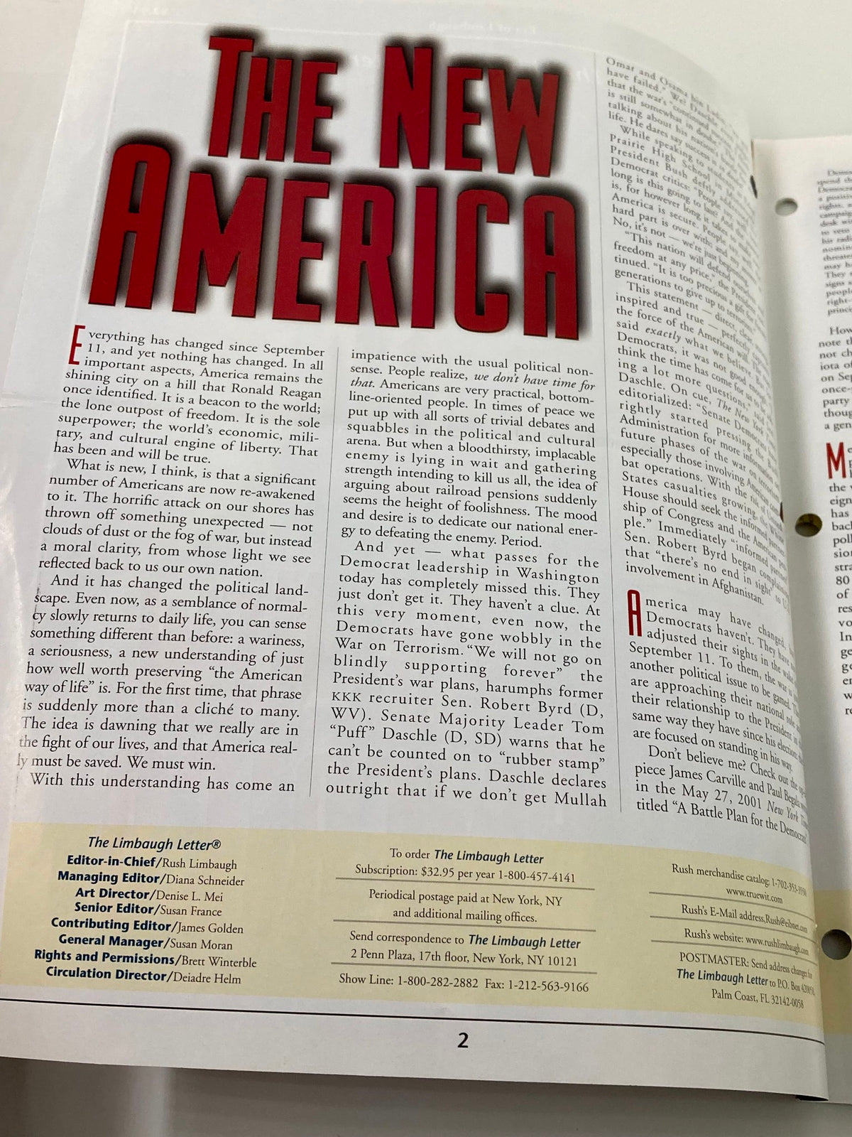 Interior page of the Rush Limbaugh Letter Newsletter Magazine March 2002 titled 'The New America', showcasing political commentary and analysis.