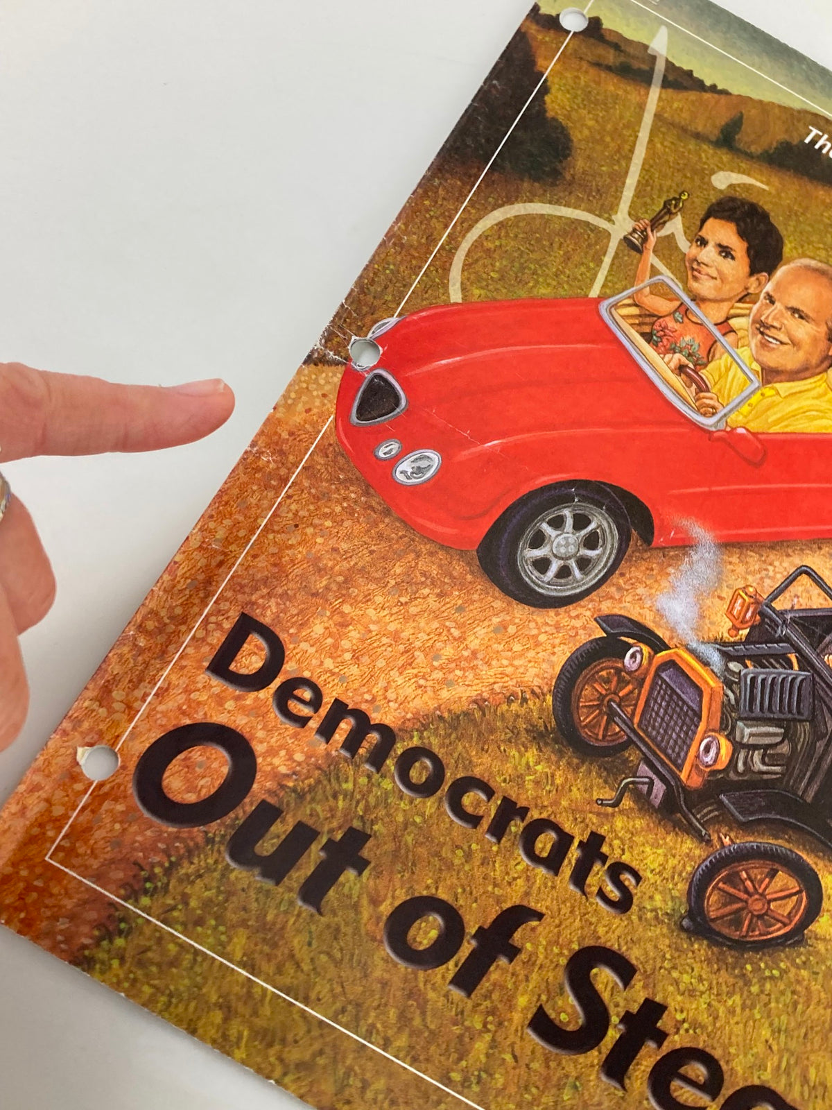 Close-up view of the Rush Limbaugh Letter Newsletter Magazine April 2002 cover, highlighting the title 'Democrats Out of Steam!' and showing hole punches for binder storage.