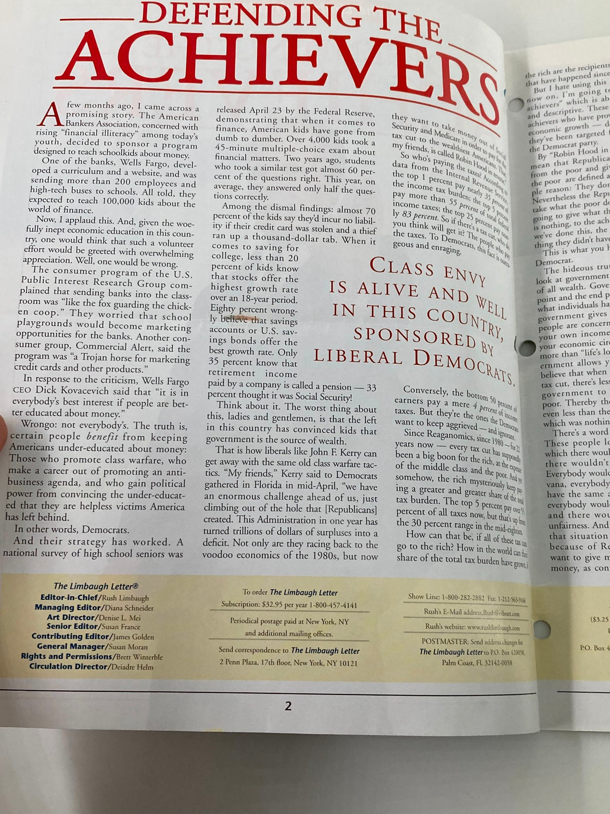 Inside page of the Rush Limbaugh Letter Newsletter Magazine May 2002 titled 'Defending the Achievers', featuring bold red header and text discussing social and political issues.