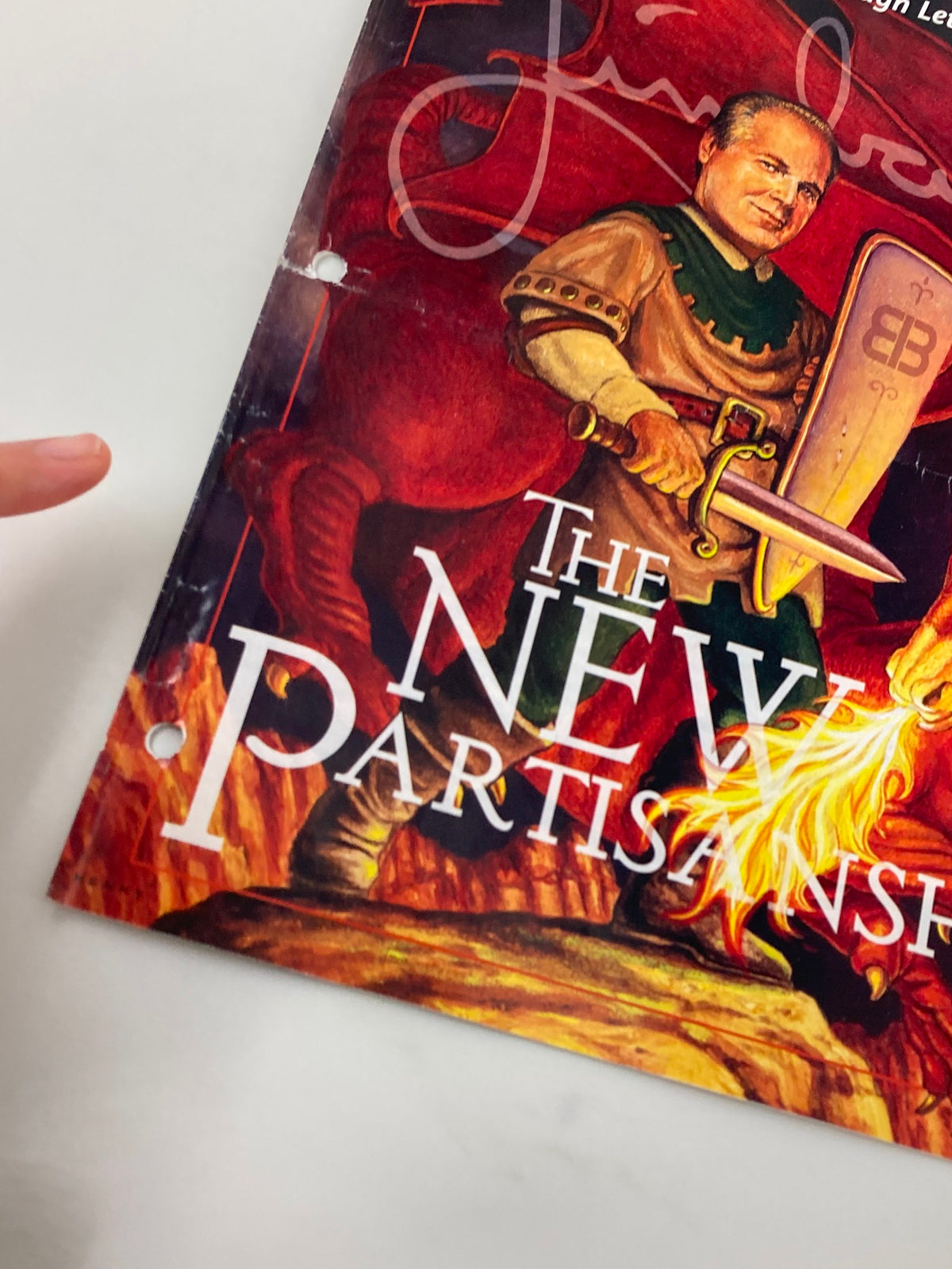 Close-up view of the Rush Limbaugh Letter newsletter magazine cover from January 2002, titled 'The New Partianship,' highlighting the artwork and Limbaugh's signature.