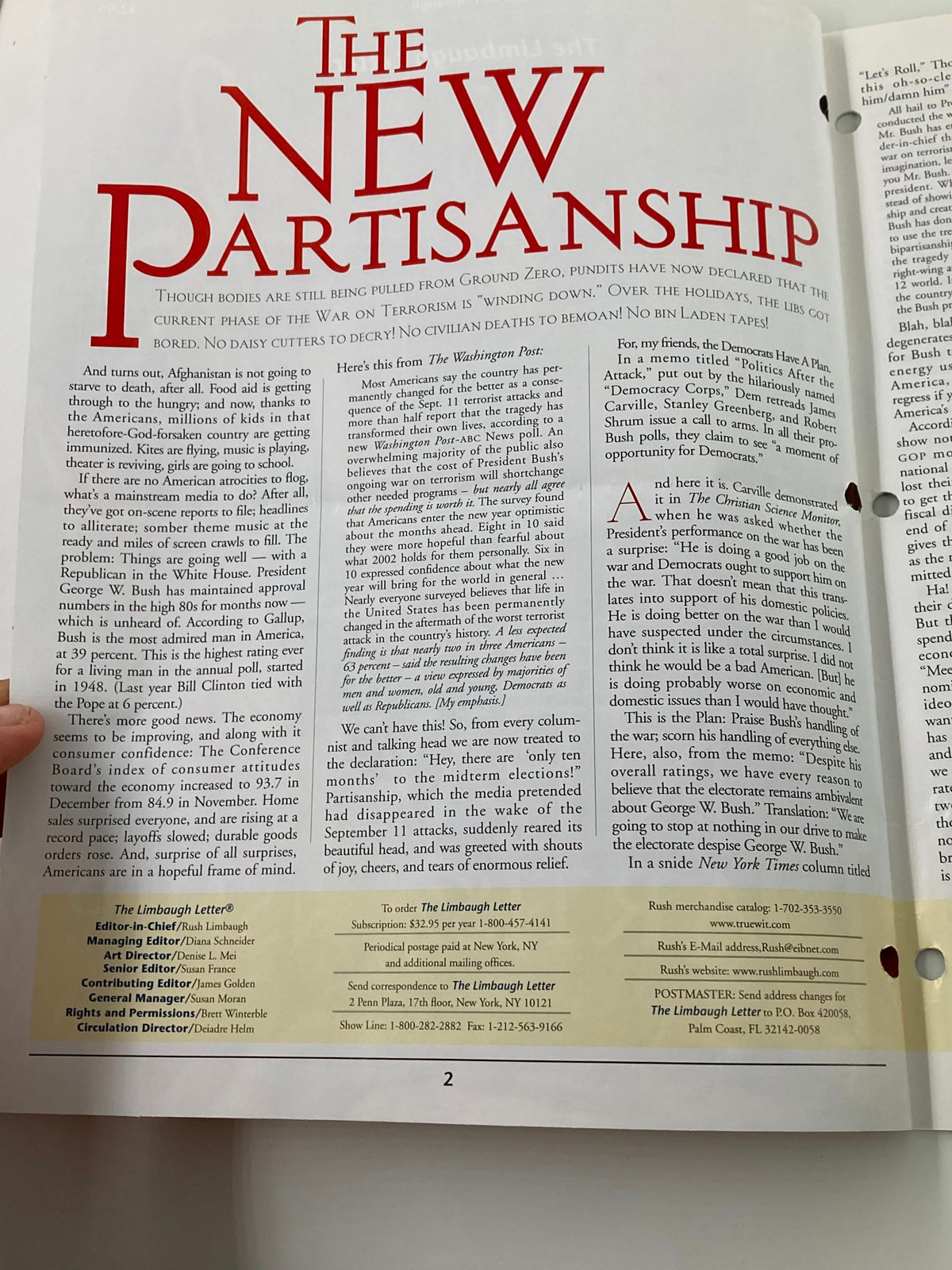 Interior page of the Rush Limbaugh Letter newsletter magazine from January 2002, titled 'The New Partianship,' showcasing an article with text content.