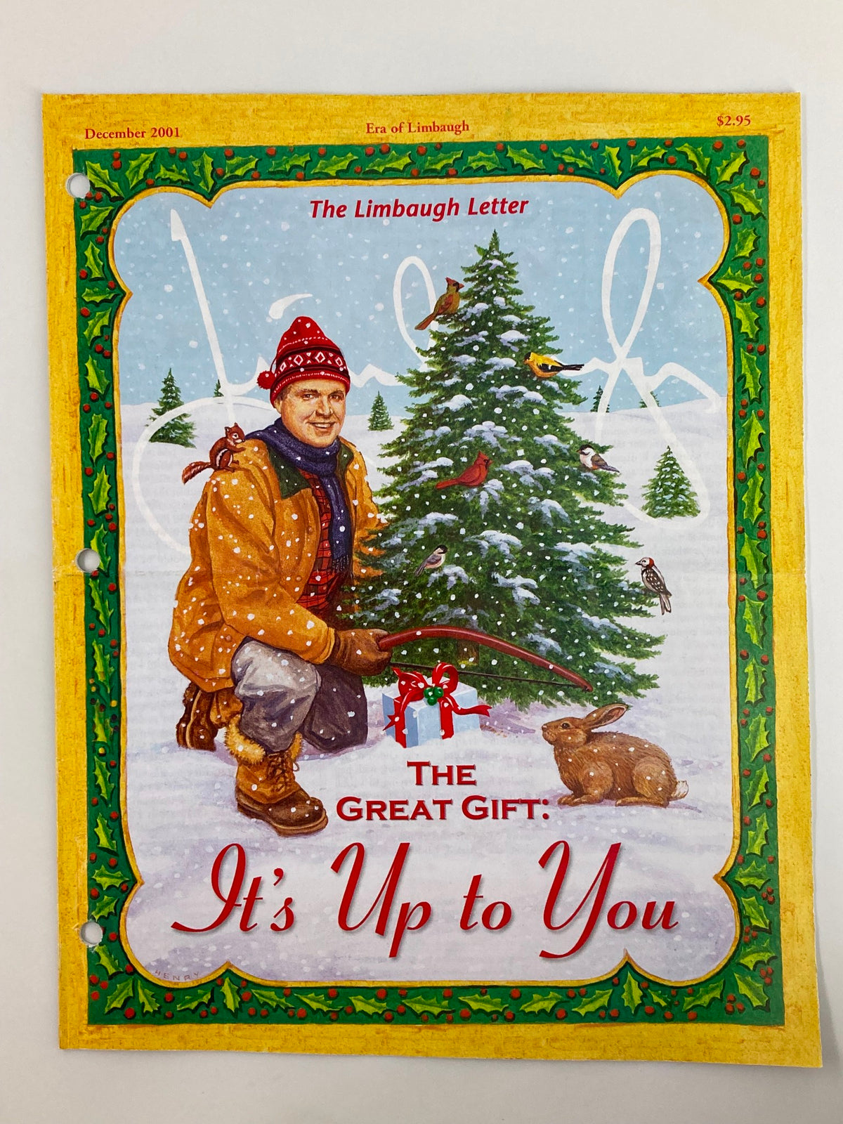 Rush Limbaugh Letter Newsletter Magazine December 2001 cover featuring a man dressed in winter attire, kneeling next to a Christmas tree with a rabbit and decorative elements. The title reads: The Great Gift: It's Up to You.