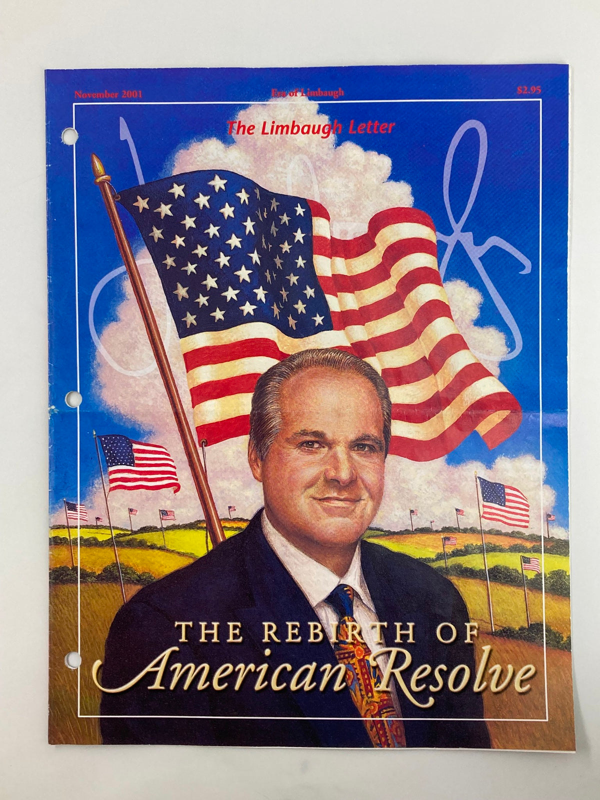 Cover of the Rush Limbaugh Letter Newsletter Magazine, November 2001 issue titled 'The Rebirth of American Resolve', featuring a portrait of Rush Limbaugh with an American flag backdrop.