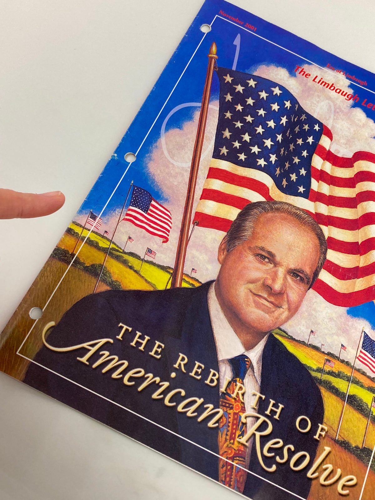 Close-up of the Rush Limbaugh Letter Newsletter Magazine, November 2001 issue titled 'The Rebirth of American Resolve', highlighting Rush Limbaugh's portrait alongside an American flag.