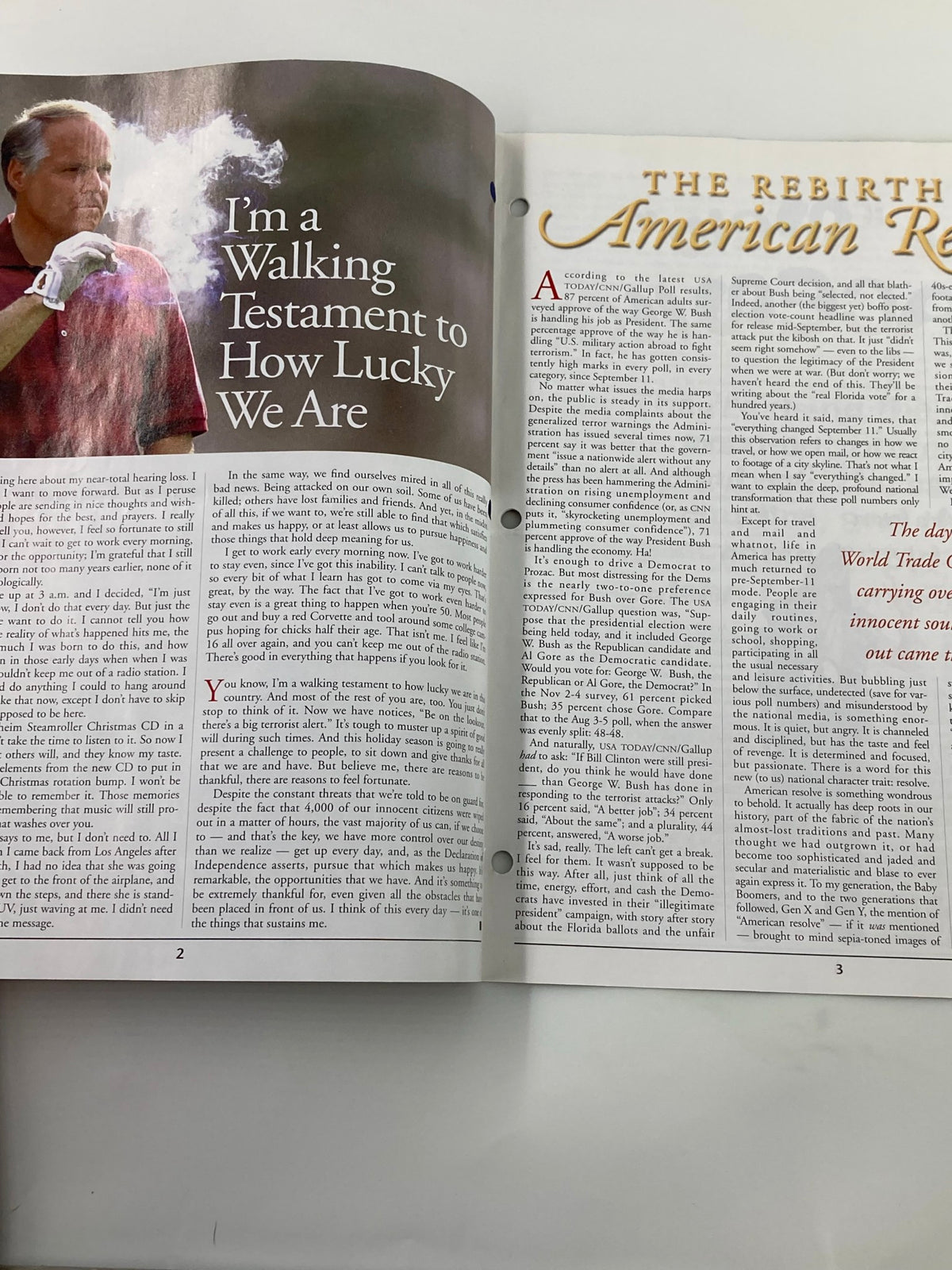 Inside spread of the Rush Limbaugh Letter Newsletter Magazine, November 2001 issue titled 'The Rebirth of American Resolve', showcasing an article titled 'I’m a Walking Testament to How Lucky We Are'.