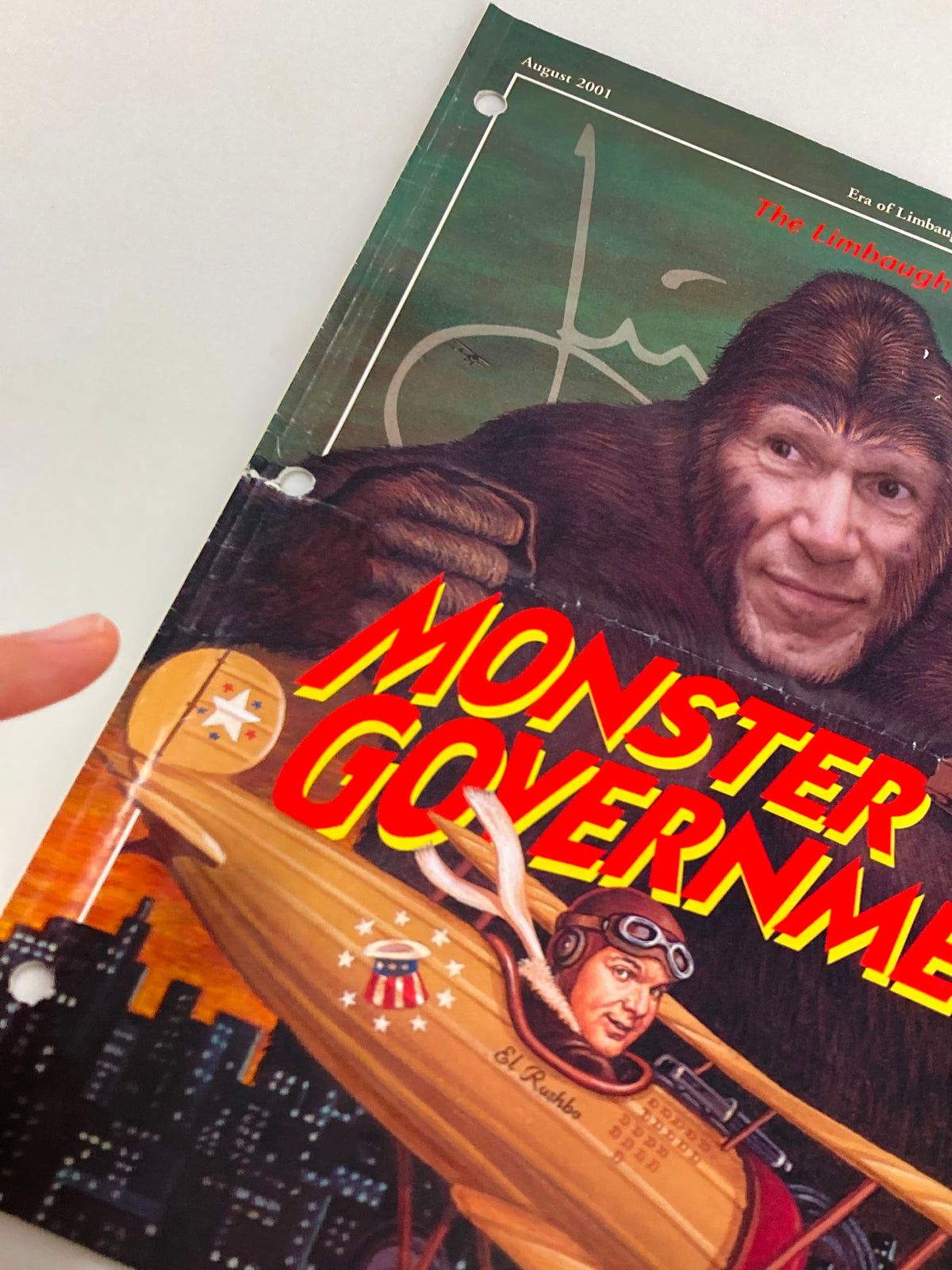 Cover of Rush Limbaugh Letter Newsletter Magazine August 2001 titled 'The Monster Government'. Features a cartoonish depiction of a gorilla and an airplane, illustrating themes of government influence in politics.