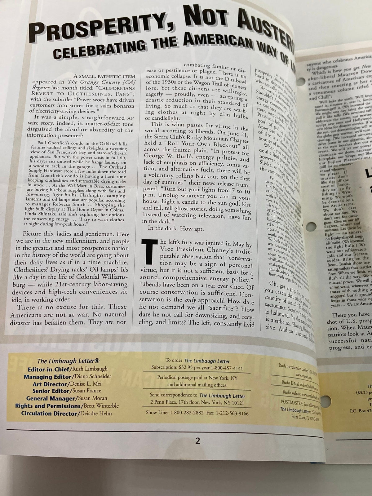 Interior page of the Rush Limbaugh Letter Newsletter Magazine July 2001 with the title 'Prosperity, Not Austerity,' highlighting articles about political and economic views during the early 2000s.